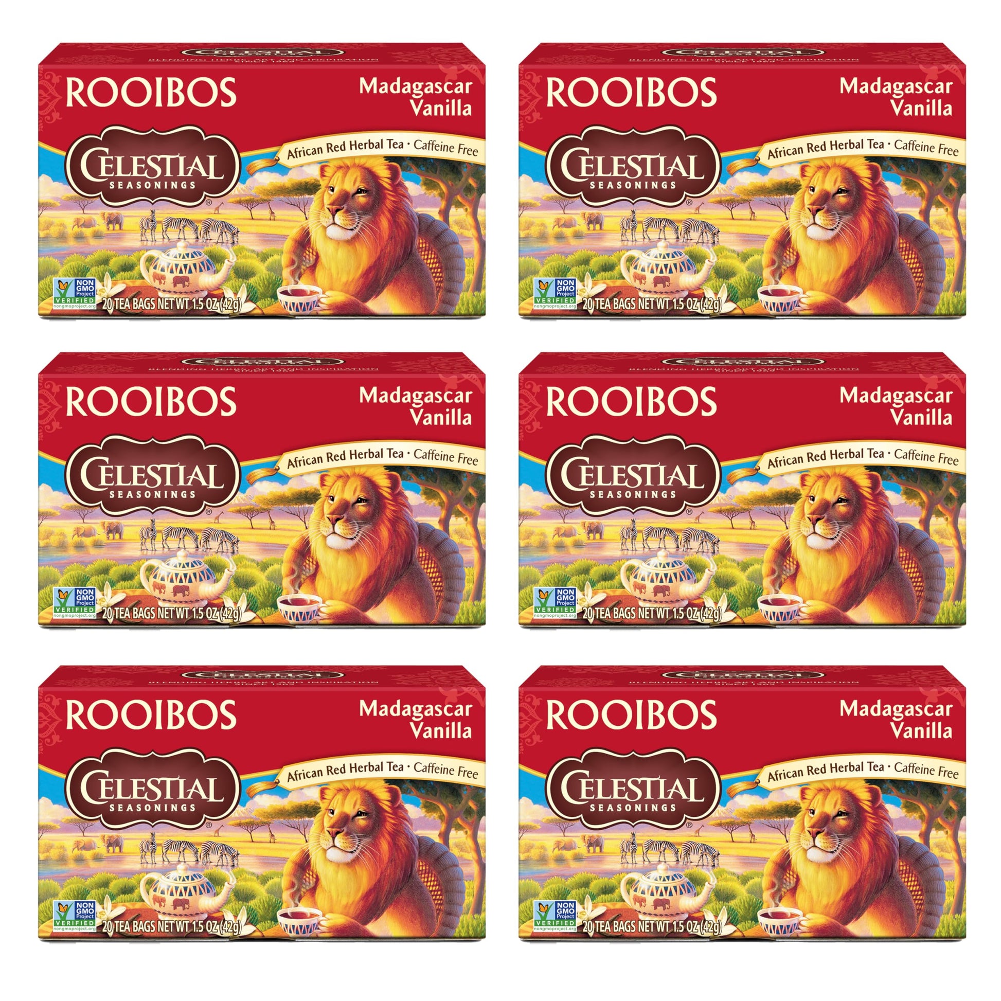 Celestial Seasonings Rooibos Madagascar Vanilla Herbal Tea, Caffeine Free, 20 Count, Pack of 6