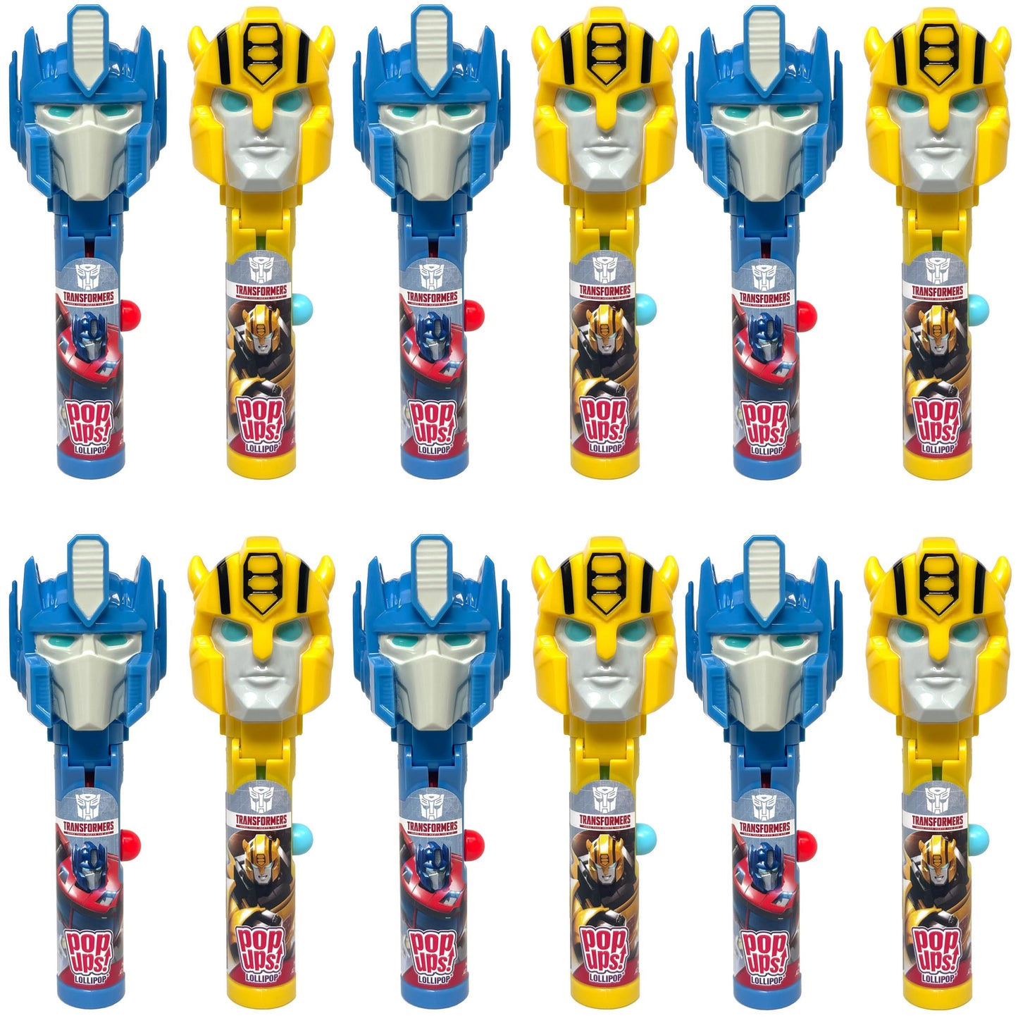 Pop Ups! Transformers Lollipop Holders - Bumble Bee and Optimus Prime - 12 Chupa Chups Lollipops with Cases - Individually Wrapp