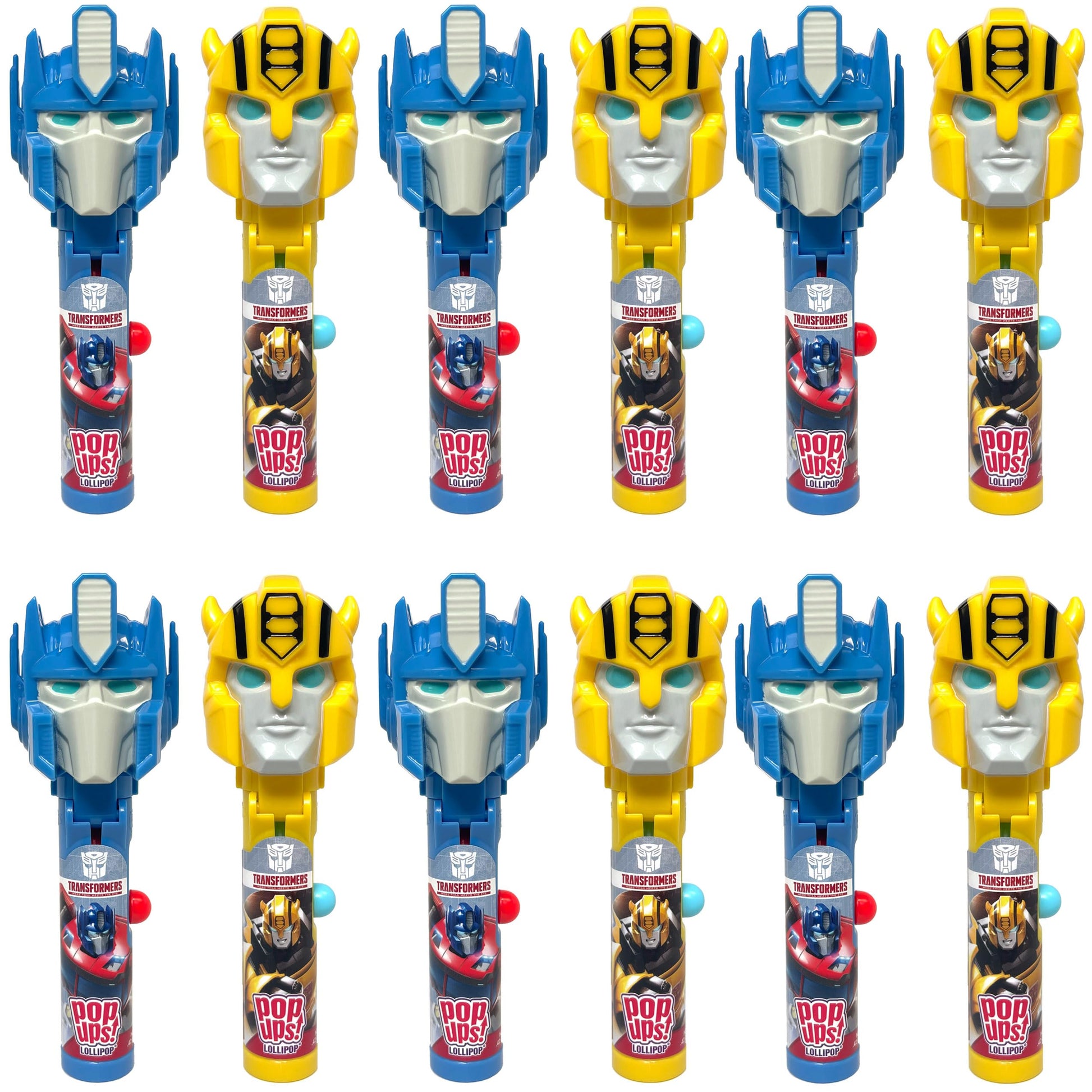 Pop Ups! Transformers Lollipop Holders - Bumble Bee and Optimus Prime - 12 Chupa Chups Lollipops with Cases - Individually Wrapp