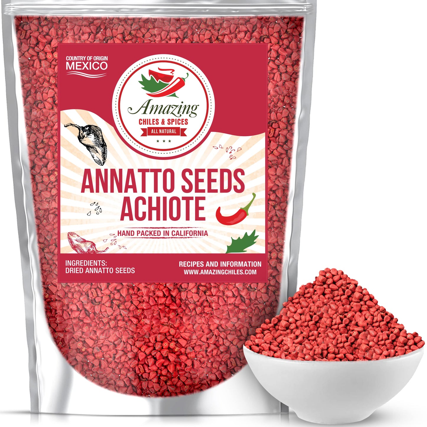 Amazing Chiles & Spices Achiote Seeds Whole Annatto 4oz Premium All Natural for Soups, Stews, Meats, and Mexican Recipes