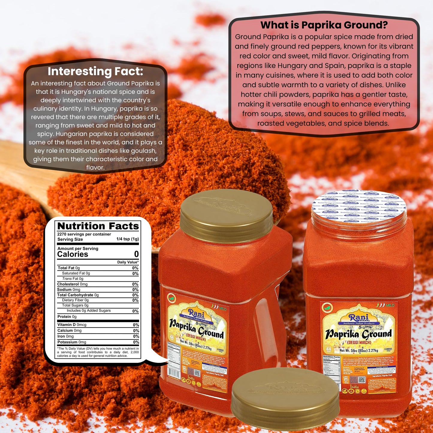 Rani Paprika (Deggi Mirch, Low Heat) Spice Powder, Ground 80Oz (5Lbs) 2.27Kg Bulk Pet Jar ~ All Natural, Salt-Free | Vegan | No