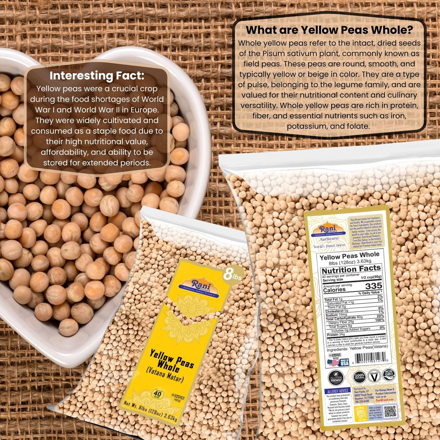 Rani Yellow Peas Whole, Dried (Vatana, Matar) 128Oz (8Lbs) 3.63Kg Bulk ~ All Natural | Vegan | Kosher | Gluten Friendly | Produc