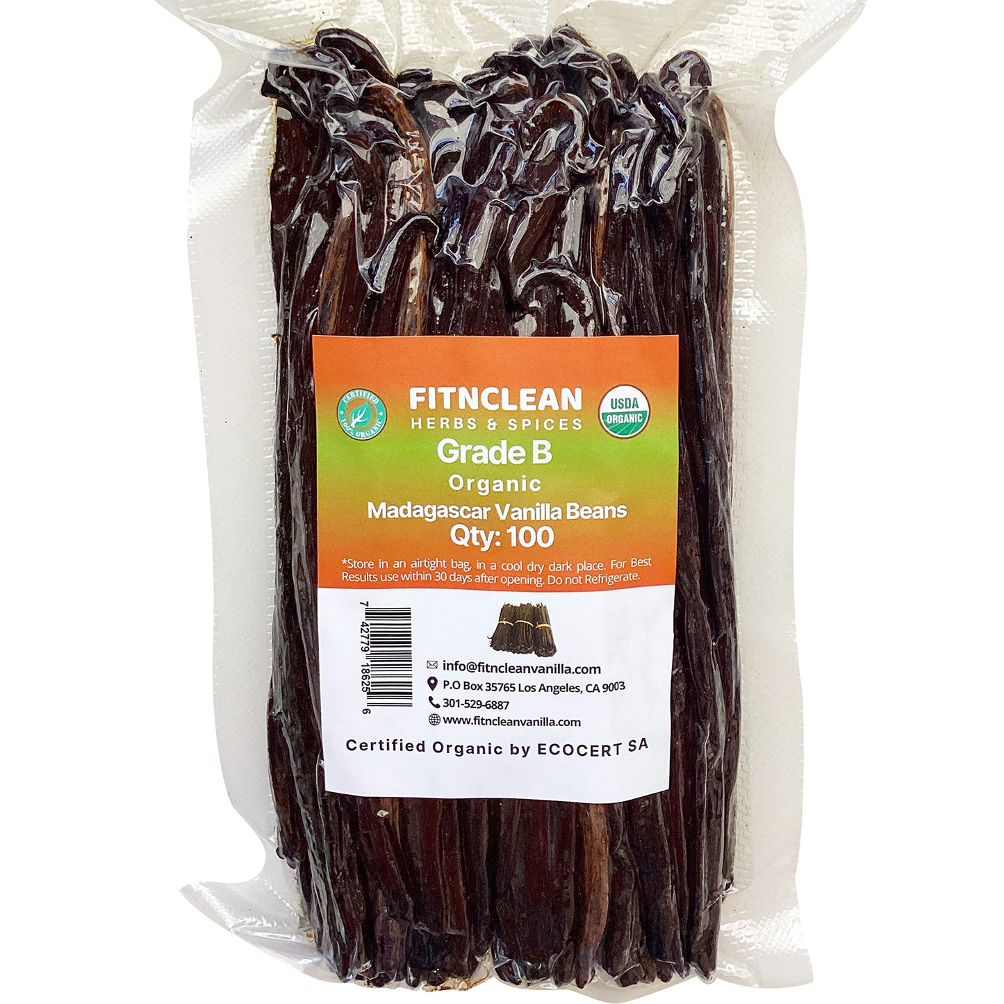 FITNCLEAN VANILLA Organic Madagascar Grade B Vanilla Beans, 100 Count, 5-7 Bourbon Pods, Non-GMO