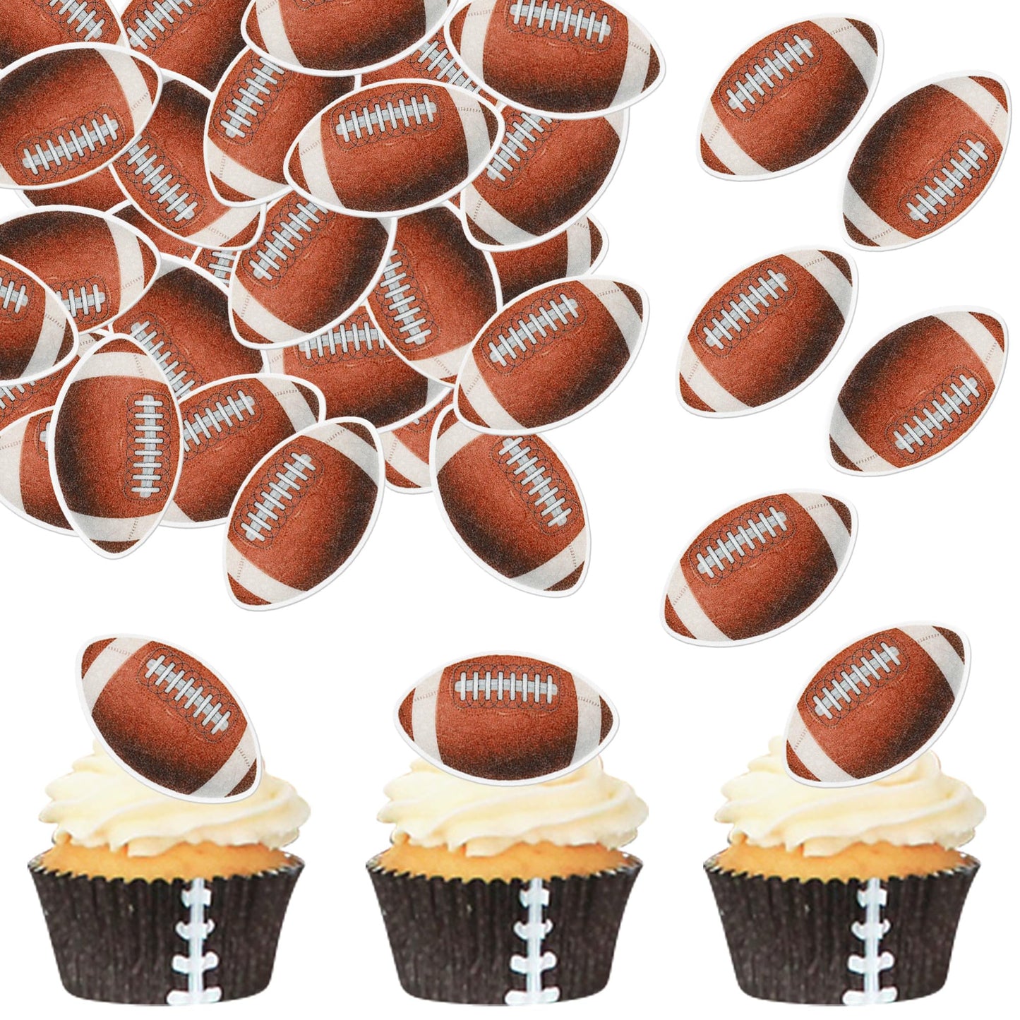 48 PCS Edible Rugby Ball Cupcake Toppers Wafer Paper Football Cake Decorations Edible Rugby Ball Cake Picks Toppers for Sports R