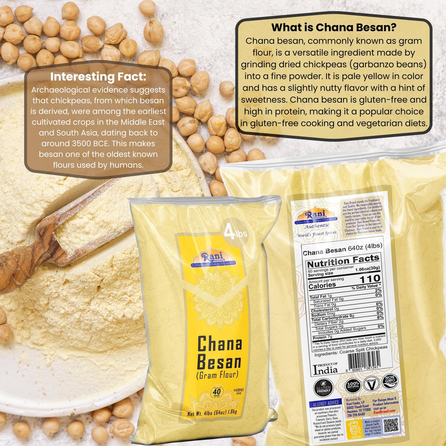 Rani Chana Besan (Chickpeas Flour, Gram) 64Oz (4Lbs) 1.81Kg Bulk ~ All Natural | Vegan | Gluten Friendly | Non-Gmo | Indian Origin