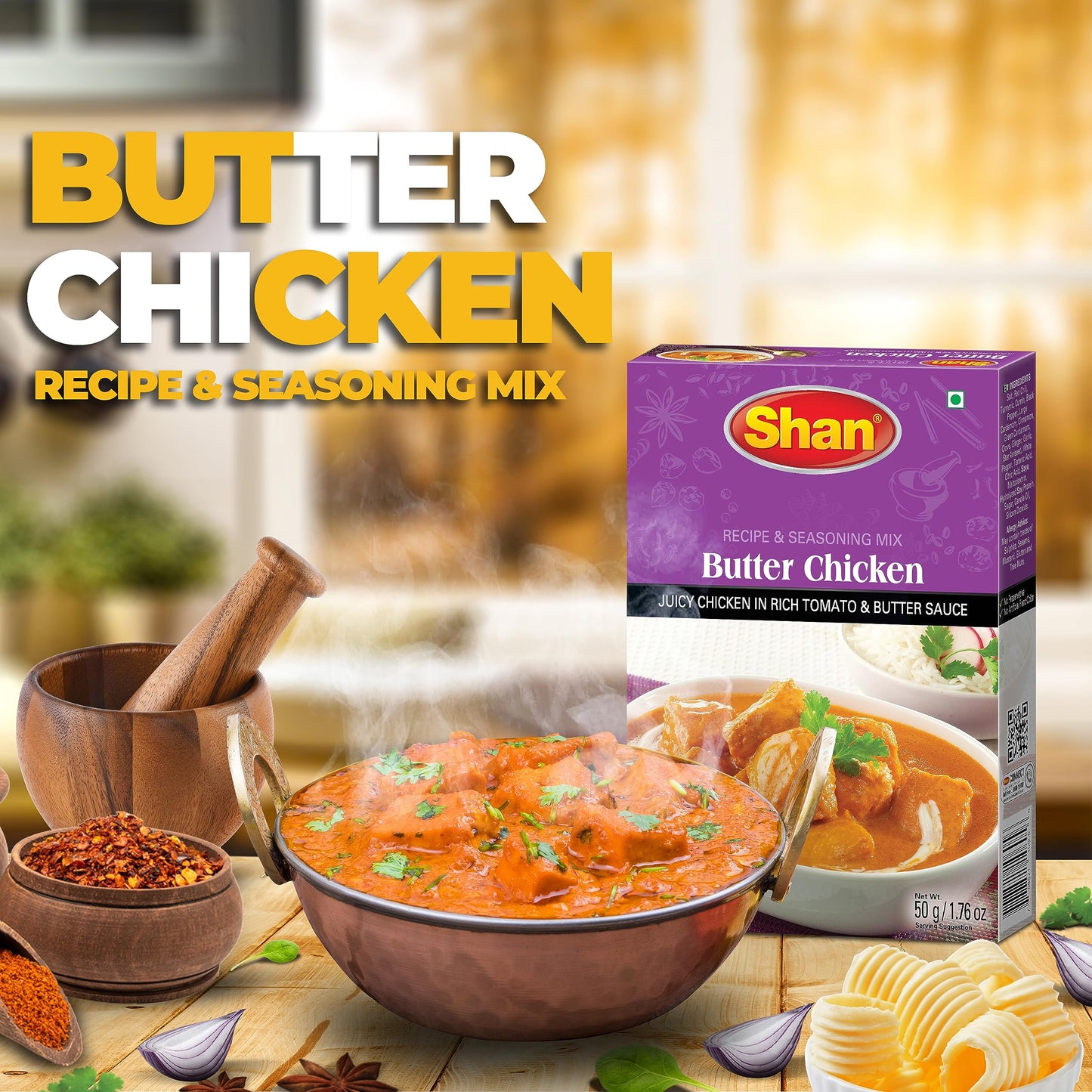 Shan - Butter Chicken Seasoning Mix (50G) - Spice Packets For Chicken In Butter Sauce (Pack Of 4)
