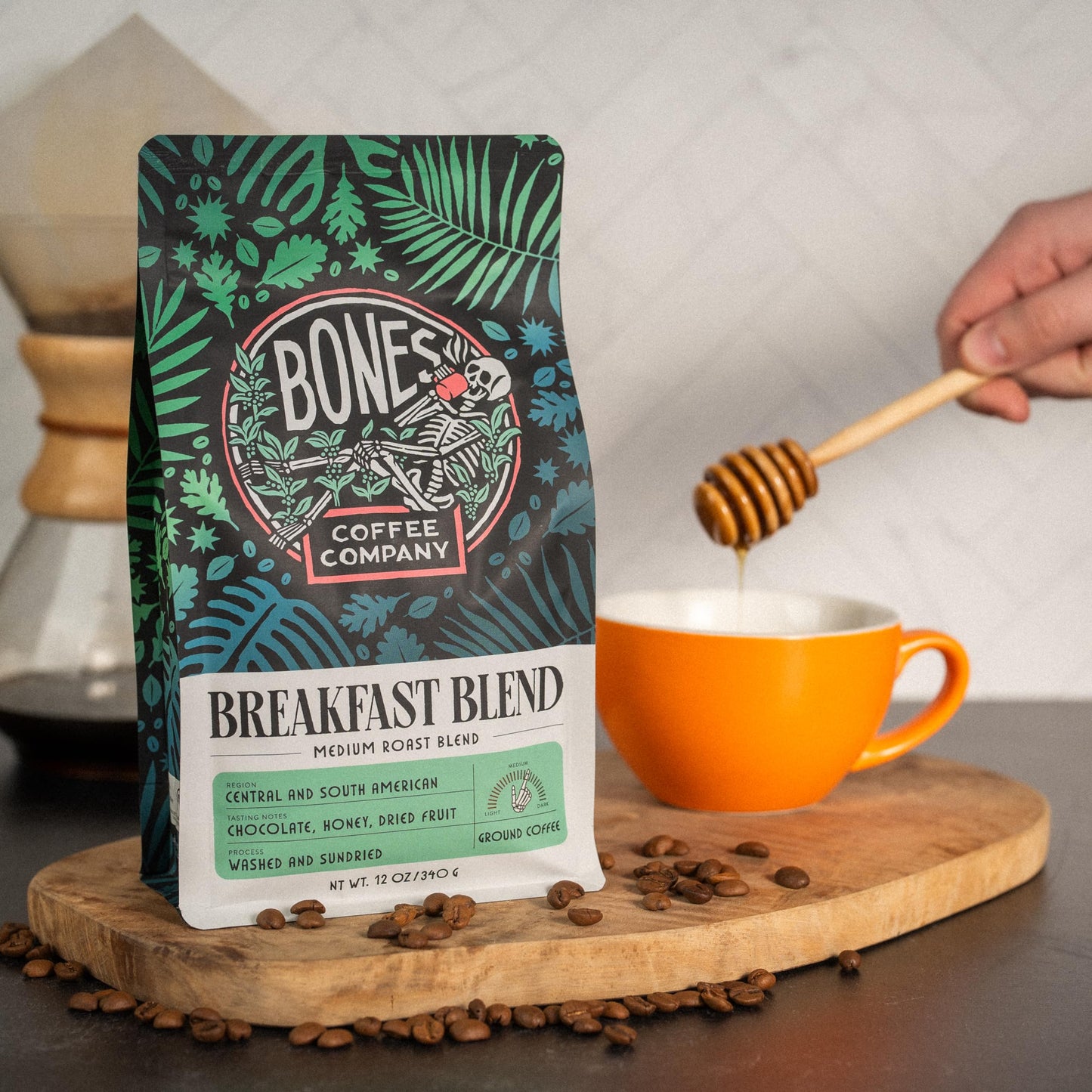 Bones Coffee Company Breakfast Blend Whole Coffee Beans, Low Acid Flavored Coffee, Made With Arabica Coffee Beans, Medium Roast