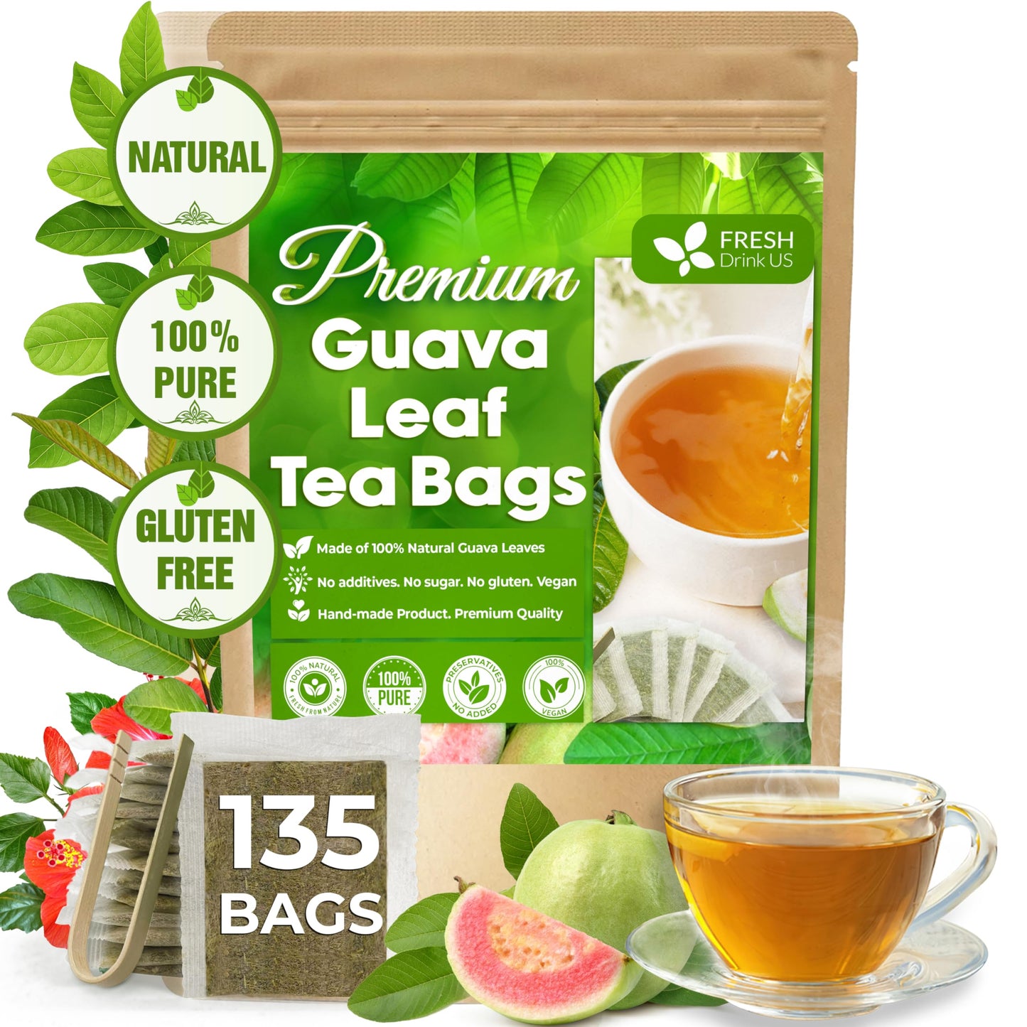 FreshDrinkUS  enhanced 135 Guava Leaf Tea Bags  Handmade  From Great Origin  100% Natural and Pure. Guava Tea  Loose Leaf Herbal Tea. No Sugar/Caffeine/Gluten  Vegan.