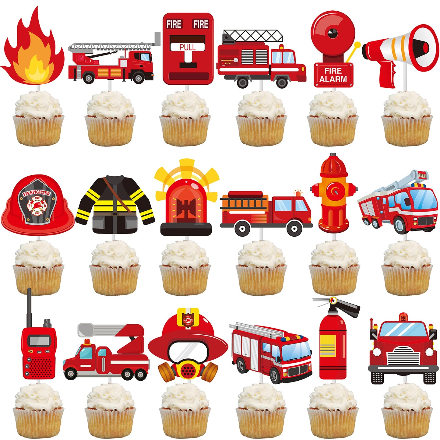 C L Cooper Life Fire Truck Cupcake Toppers, 6 Piece Set, Cardboard, Fire Engine Theme