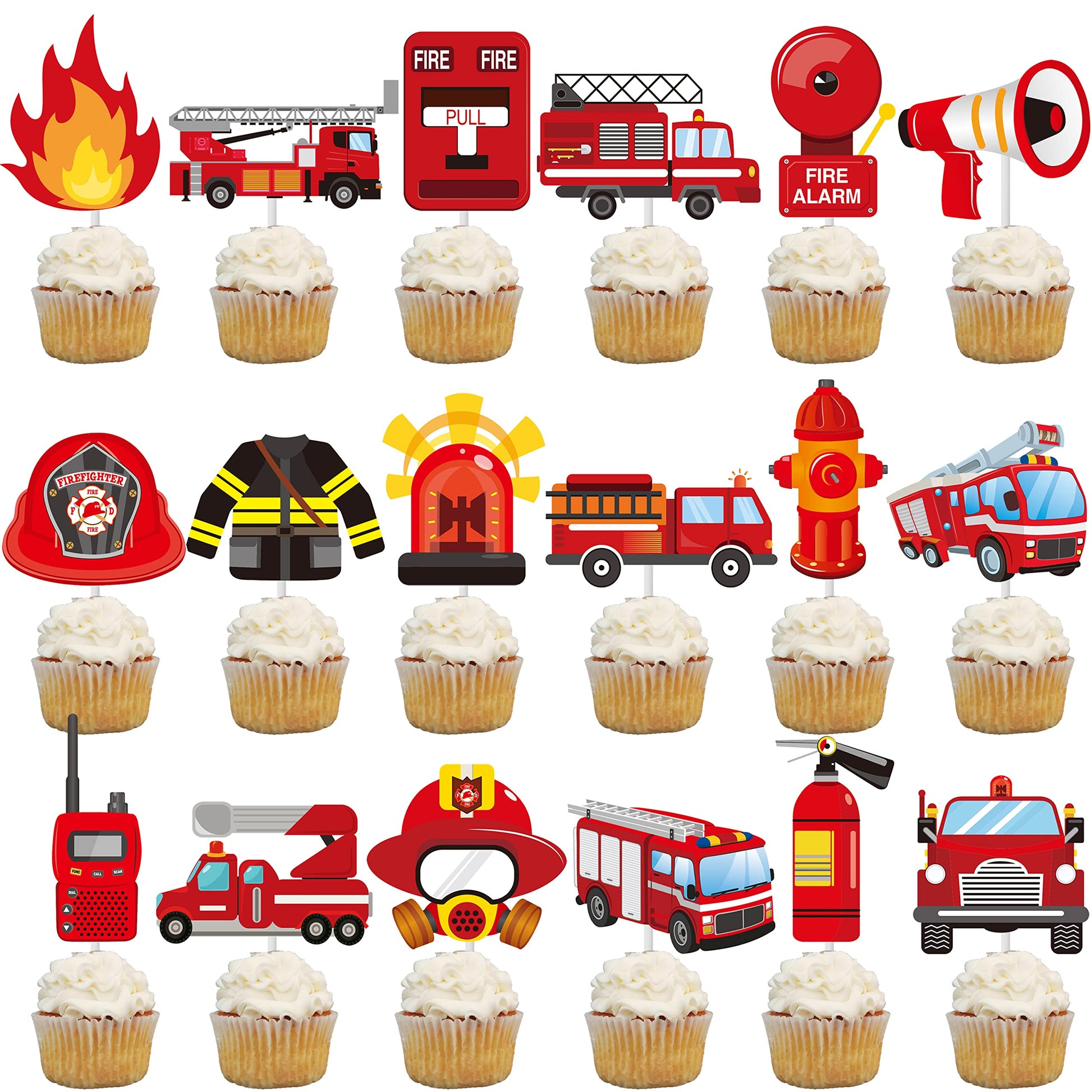 C L Cooper Life Fire Truck Cupcake Toppers, 6 Piece Set, Cardboard, Fire Engine Theme