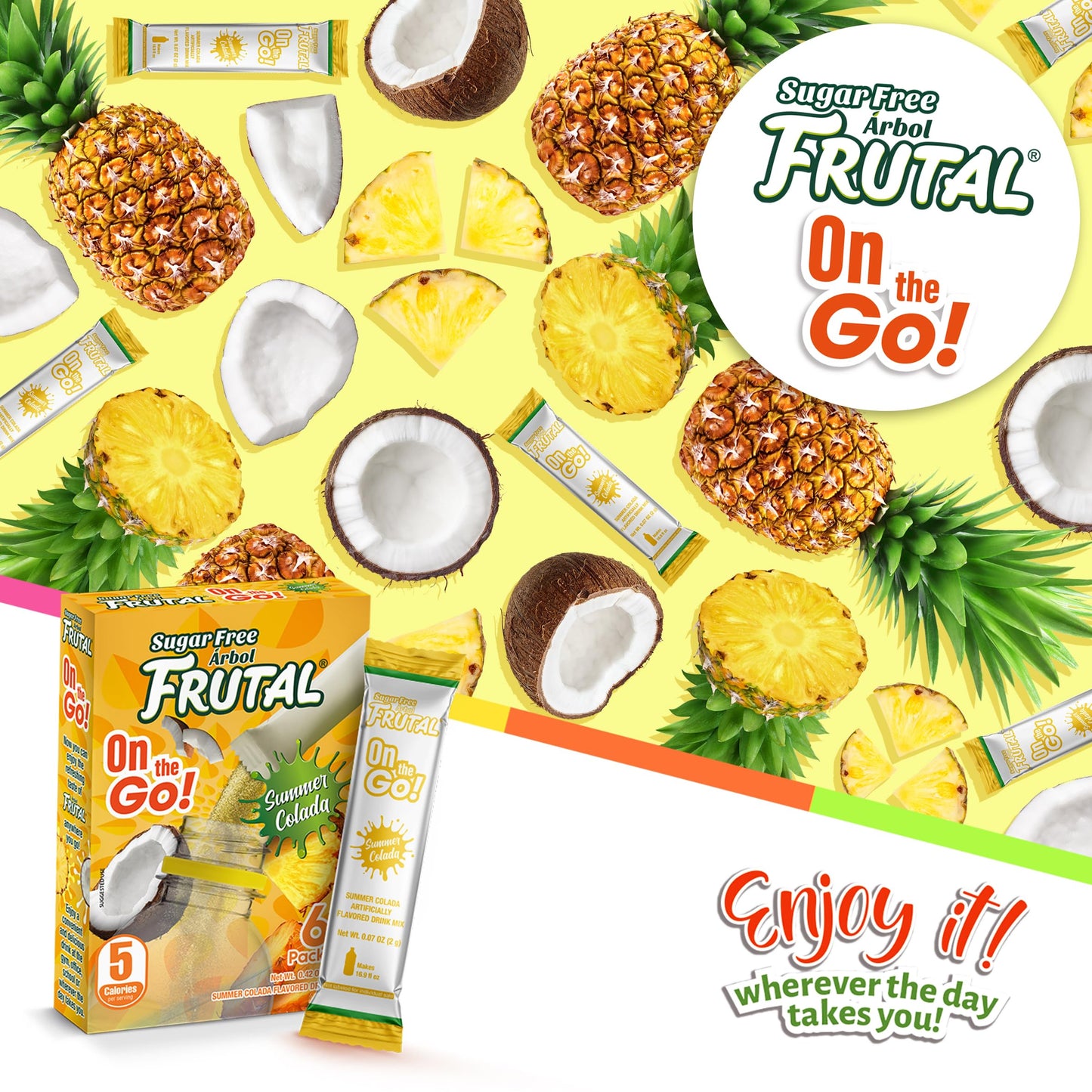 Arbol Frutal Pina Colada Powdered Drink Mix - Sugar Free On-The-Go Packets (30 Count) - Single Serve Flavor Sticks
