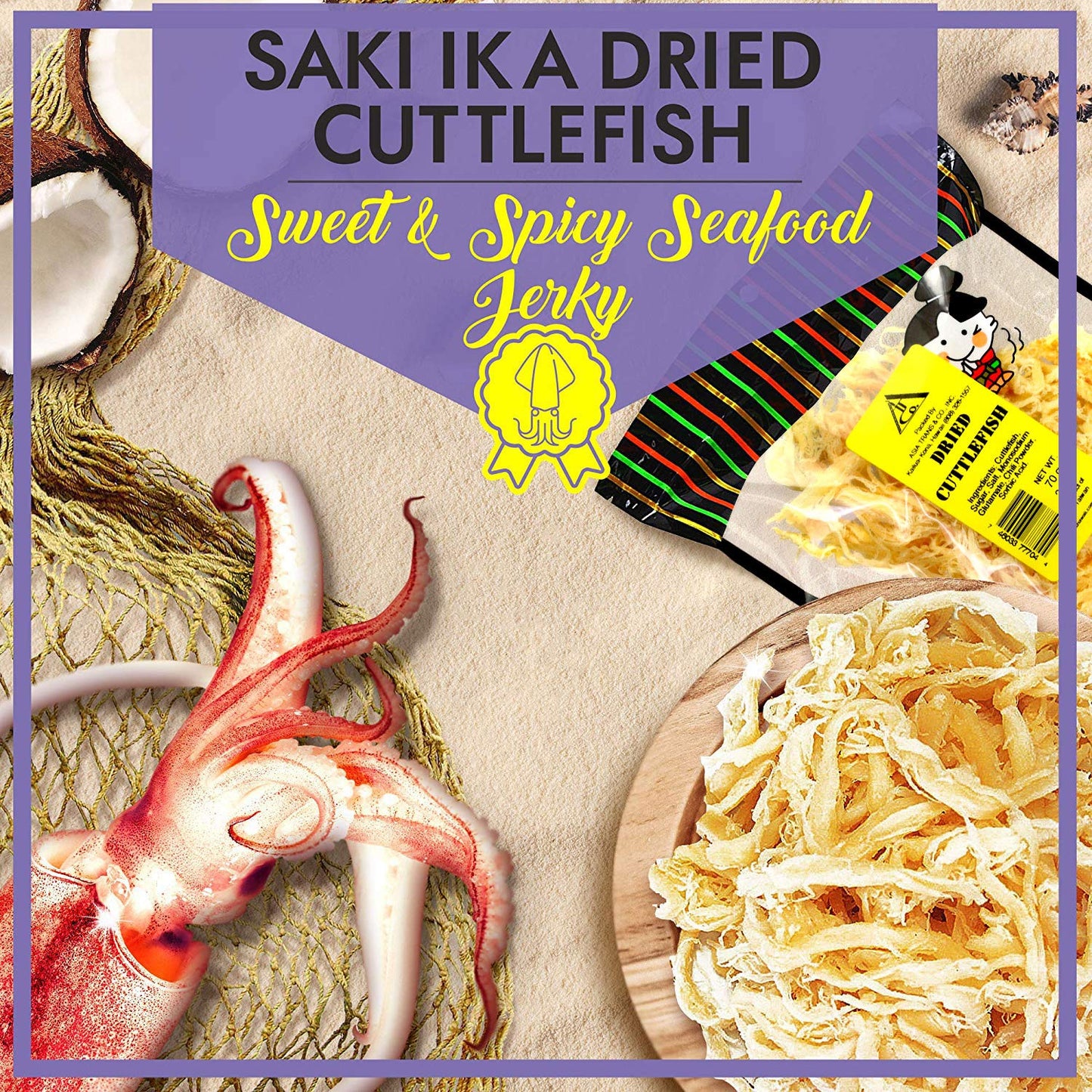 Asia Trans & Co. Saki Ika Dried Cuttlefish Snack - High-Protein, Low-Fat Seafood Jerky - 2.5 oz.
