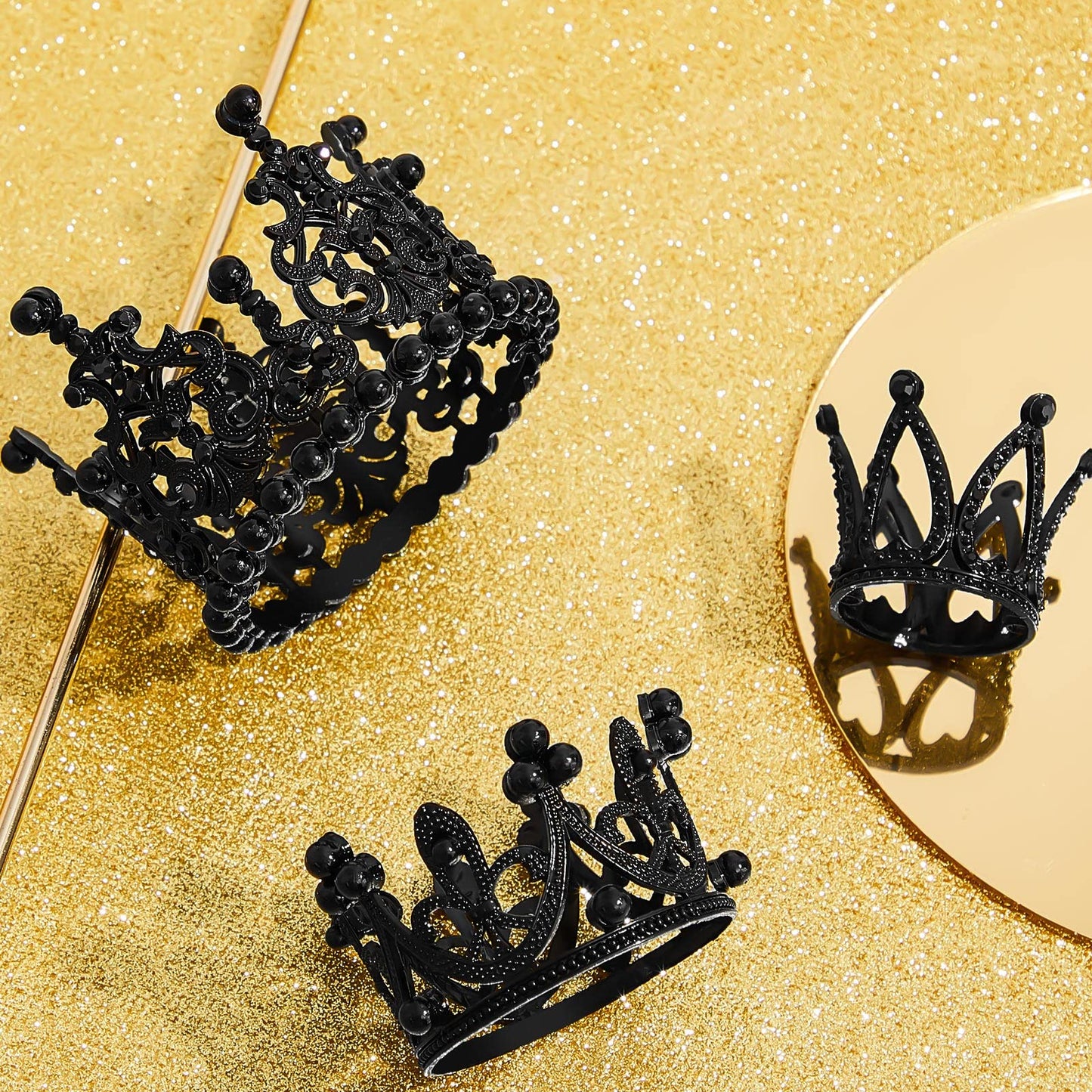 Moxweyeni 6 Pcs Crown Cake Topper Set, Artificial Pearl & Rhinestone, Small Tiara for Birthday, Wedding, Baby Shower, Black