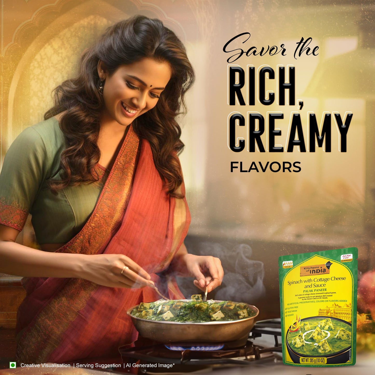 Kitchens Of India Palak Paneer, Spinach With Cottage Cheese & Sauce, 10 Ounces - Pack Of 3, Ready To Eat Authentic Vegetarian Indian Food, Gluten-Free
