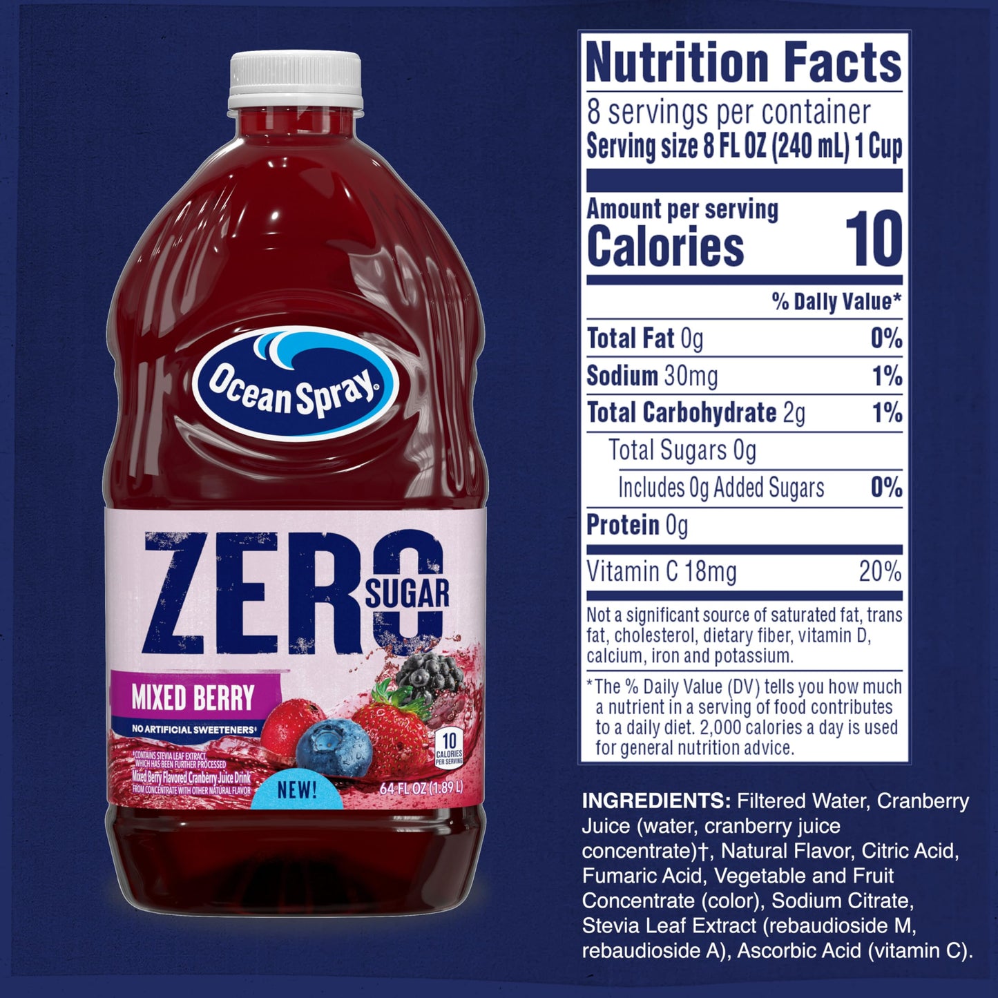 Ocean Spray® ZERO Sugar Mixed Berry Juice Drink, 64 Fl Oz Bottle, Sweetened with Stevia, Cranberry Juice Drink