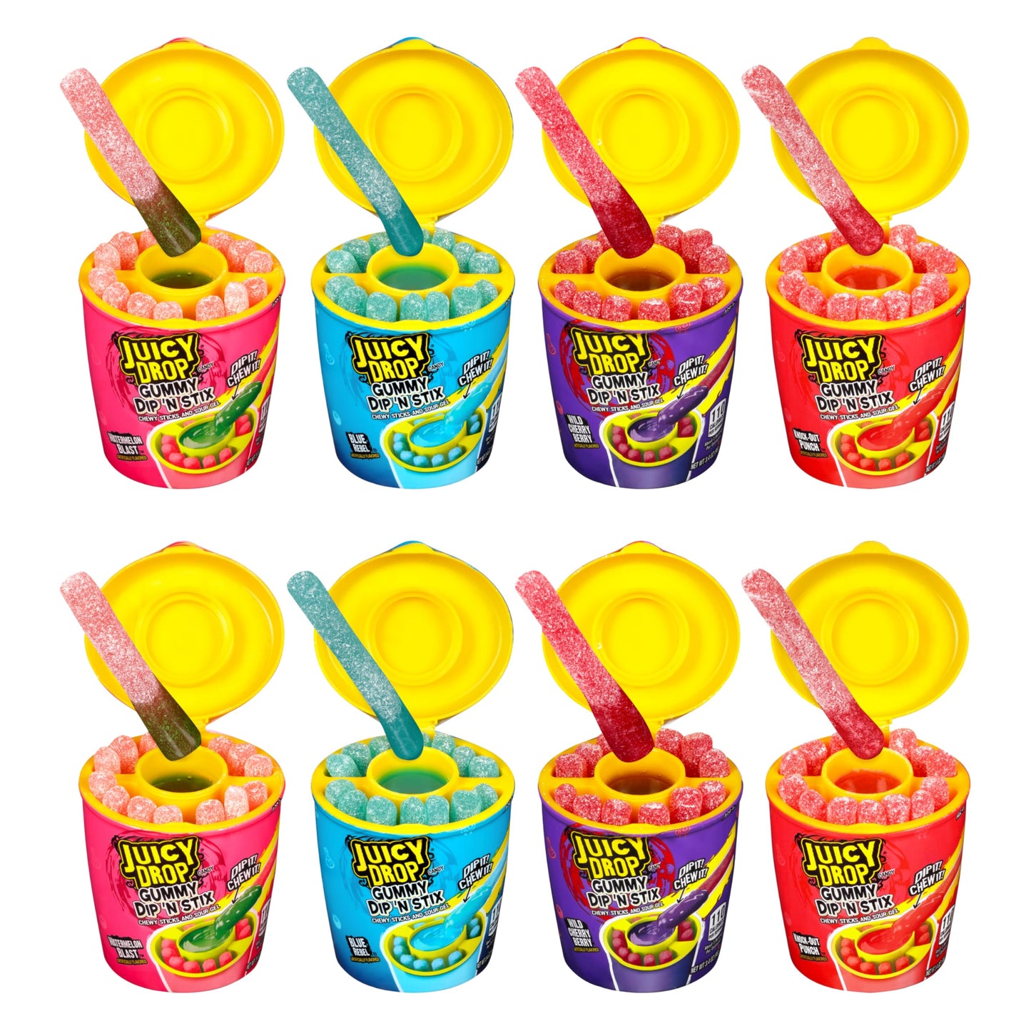 Juicy Drop Gummy Dip 'N Stix - 8 Count Assorted Sour Candy Variety Pack for Birthdays and Parties