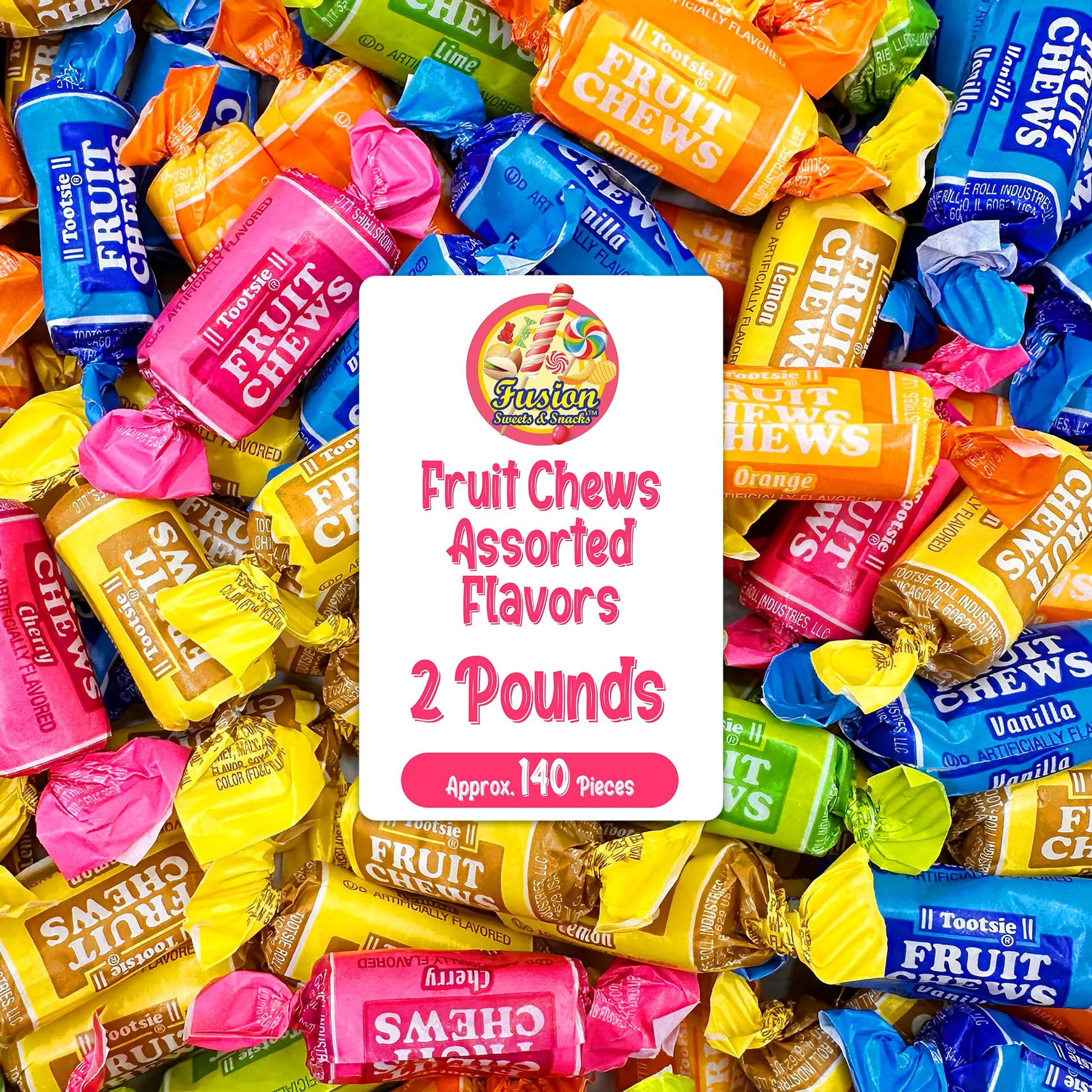 Fusion Sweets Fruit Chews Candy - 2 lbs Bulk Bag, 140 Pieces, Gluten Free, Assorted Flavors, Soft Taffy, Individually Wrapped