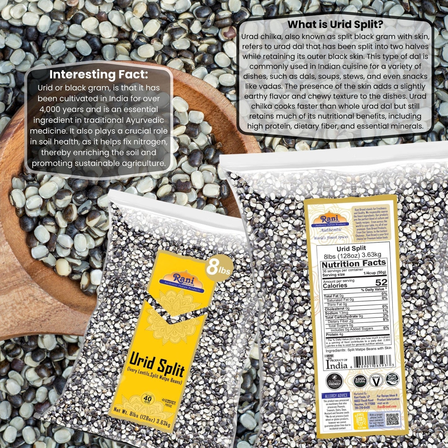 Rani Urid/Urad Split Chilka (Split Matpe Beans With Skin) Indian Lentils 128Oz (8Lbs) 3.63Kg Bulk ~ All Natural | Gluten Friendl