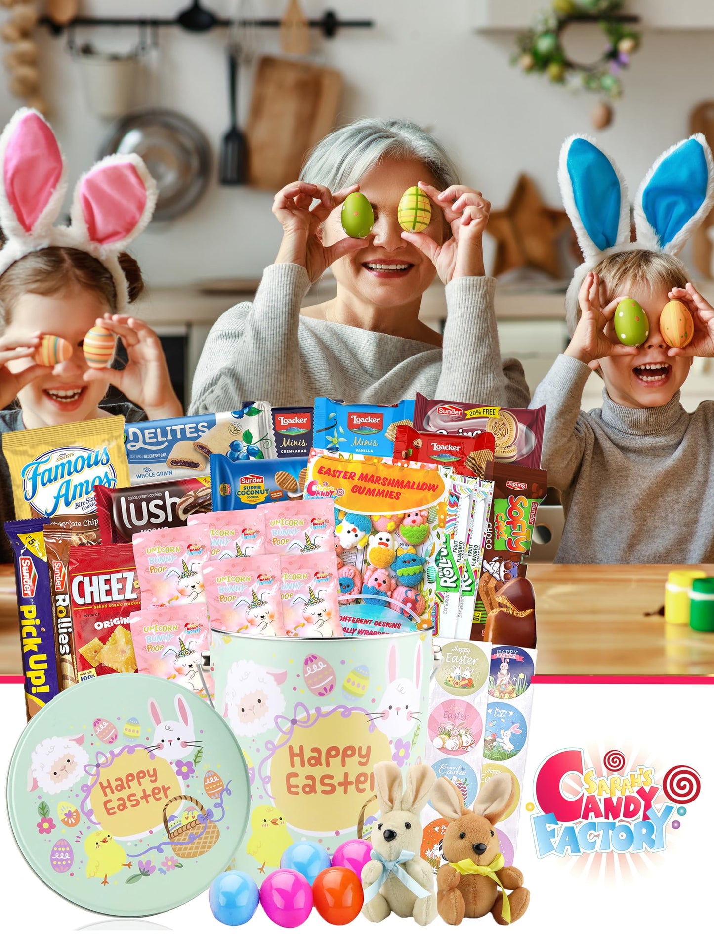 Easter Snack Green Tin Basket (46 Count) Filled With Candy, Treats And Bunny, Great Package For Family, Friends, Kids, Boys And