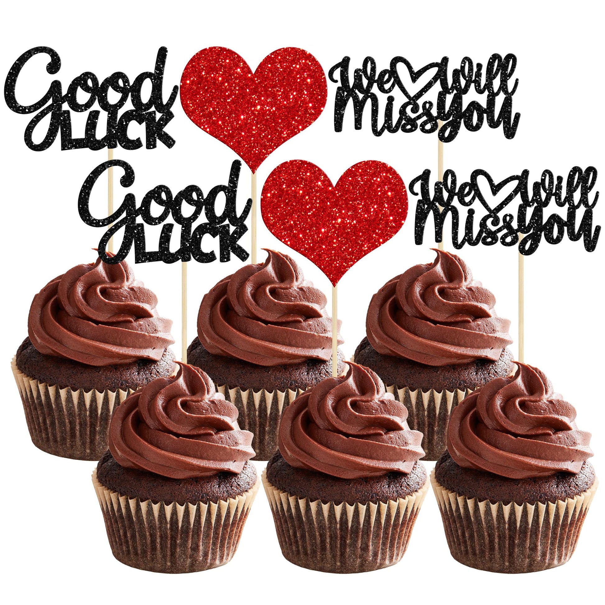 Gyufise 36Pcs We Will Miss You Cupcake Toppers Glitter Red Love Heart Good Luck Cupcake Picks For Retirement Theme Going Away Pa