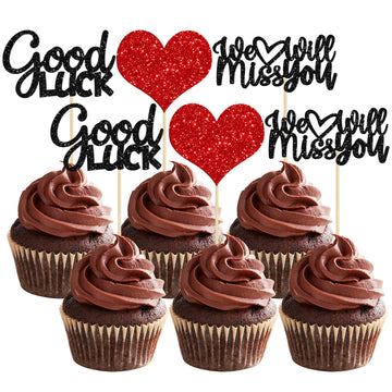 Gyufise 36Pcs We Will Miss You Cupcake Toppers Glitter Red Love Heart Good Luck Cupcake Picks For Retirement Theme Going Away Pa