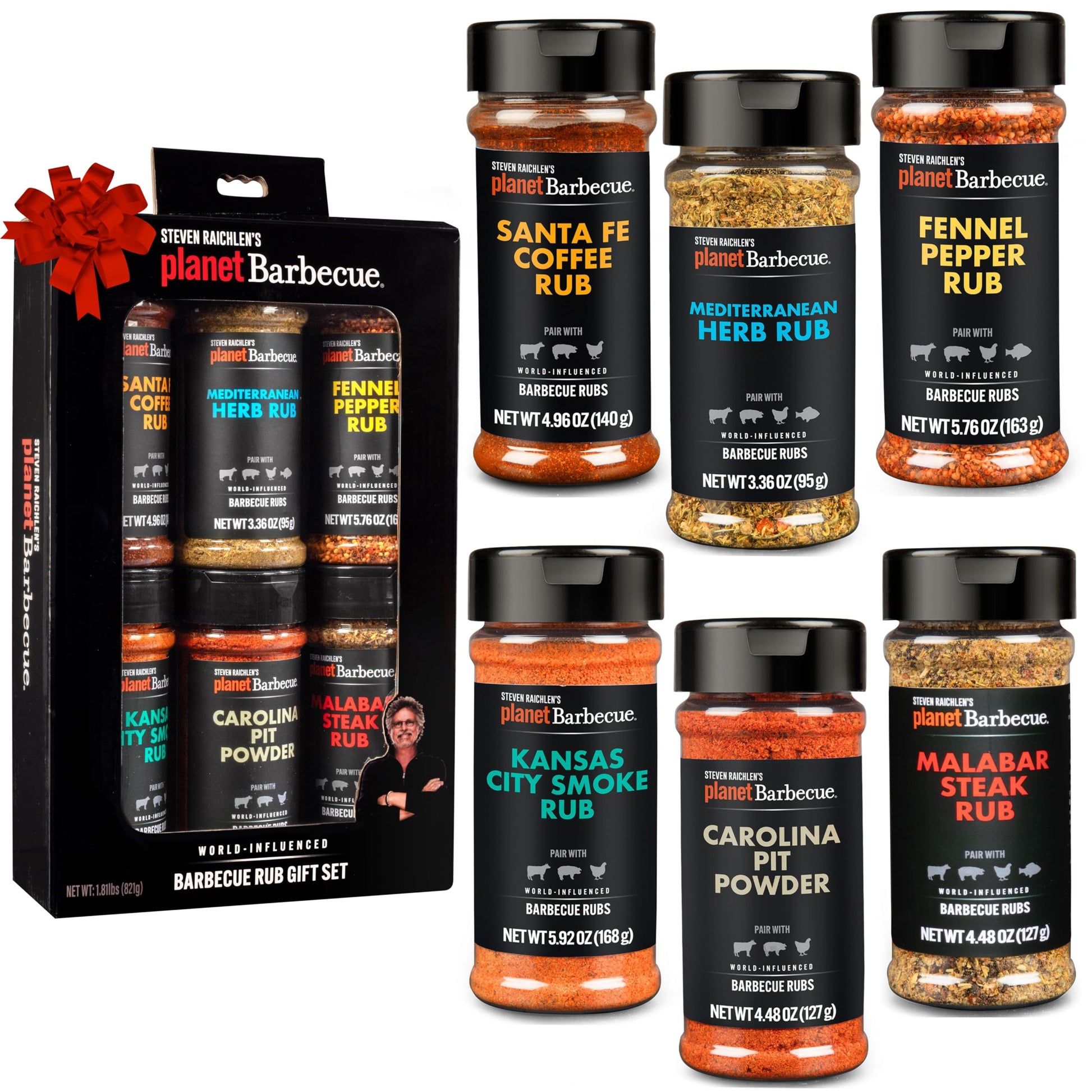 Steven RaichlenS Planet Barbecue Gourmet Bbq Rubs & Spices Gift Box 6 Pack- Grill Seasonings Set With Worldwide Flavors- Great Grilling Gift For Men