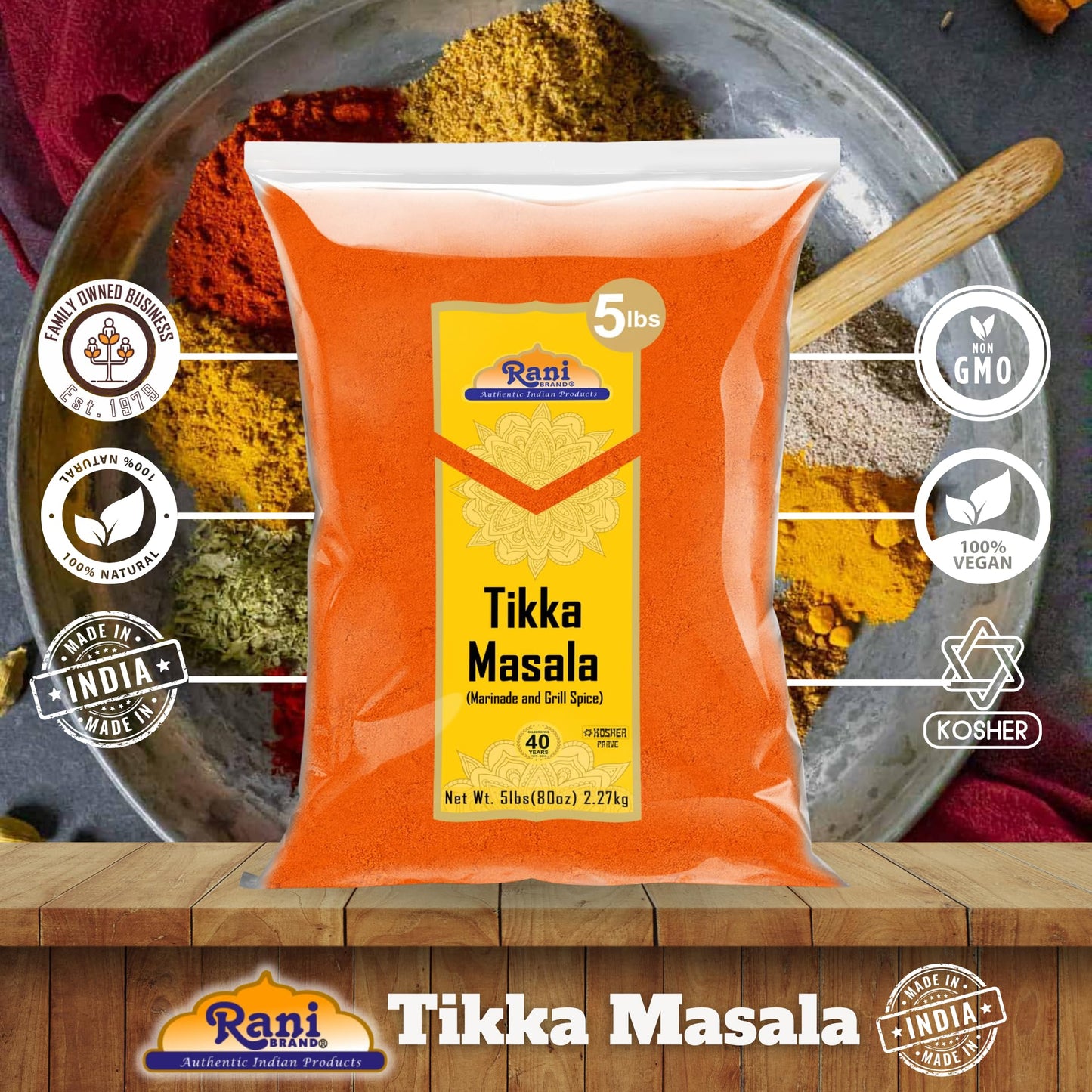 Rani Tikka Masala Indian 7-Spice Blend 80Oz (5Lbs) 2.27Kg Bulk ~ All Natural | Salt-Free | Vegan | No Colors | Gluten Friendly | Non-Gmo | Indian Origin