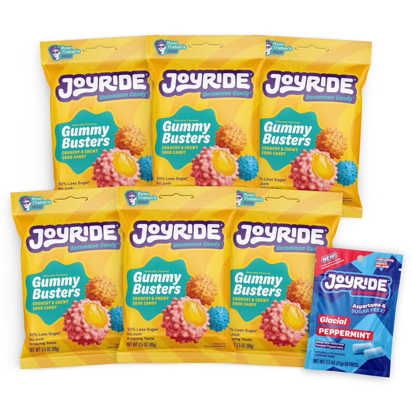JOYRIDE Gummy Busters - 3.5 oz 6-Pack Bundle with 2.5oz Glacial Peppermint Gum, Low Sugar, Low Calorie Snacks, Dye Free and Plan