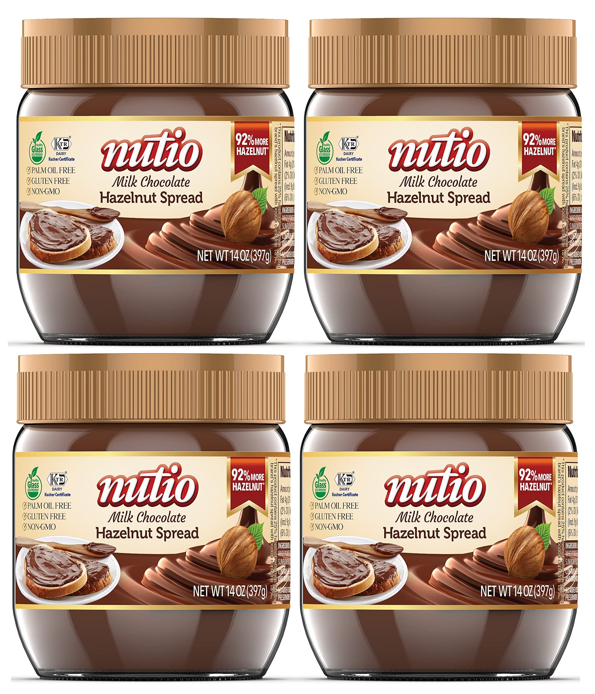 Nutio Milk Chocolate Hazelnut Spread, More Hazelnut, Less Added Sugar, Palm Oil and Gluten Free, Non GMO, Peanut Free, 56oz (4 P