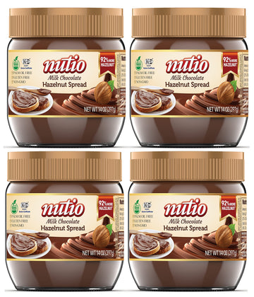 Nutio Milk Chocolate Hazelnut Spread, More Hazelnut, Less Added Sugar, Palm Oil and Gluten Free, Non GMO, Peanut Free, 56oz (4 P