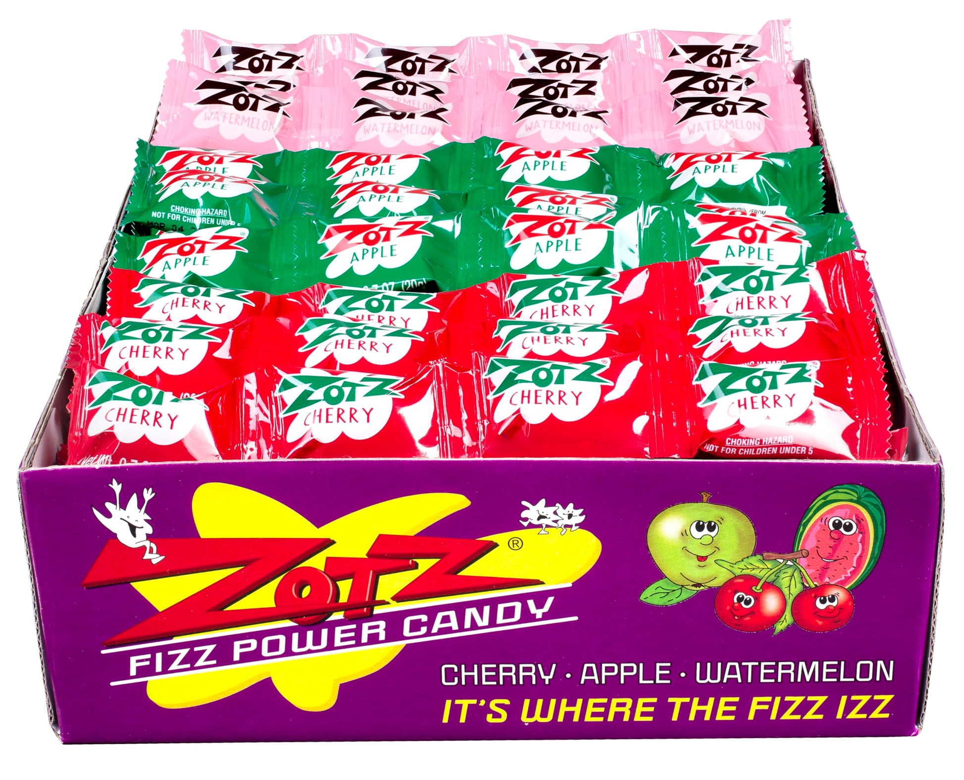 Zotz Fizzy Old Fashioned Hard Candy Assorted Fruit Flavored, Cherry, Apple, Watermelon Individually Wrapped. Filled With A Fizzy