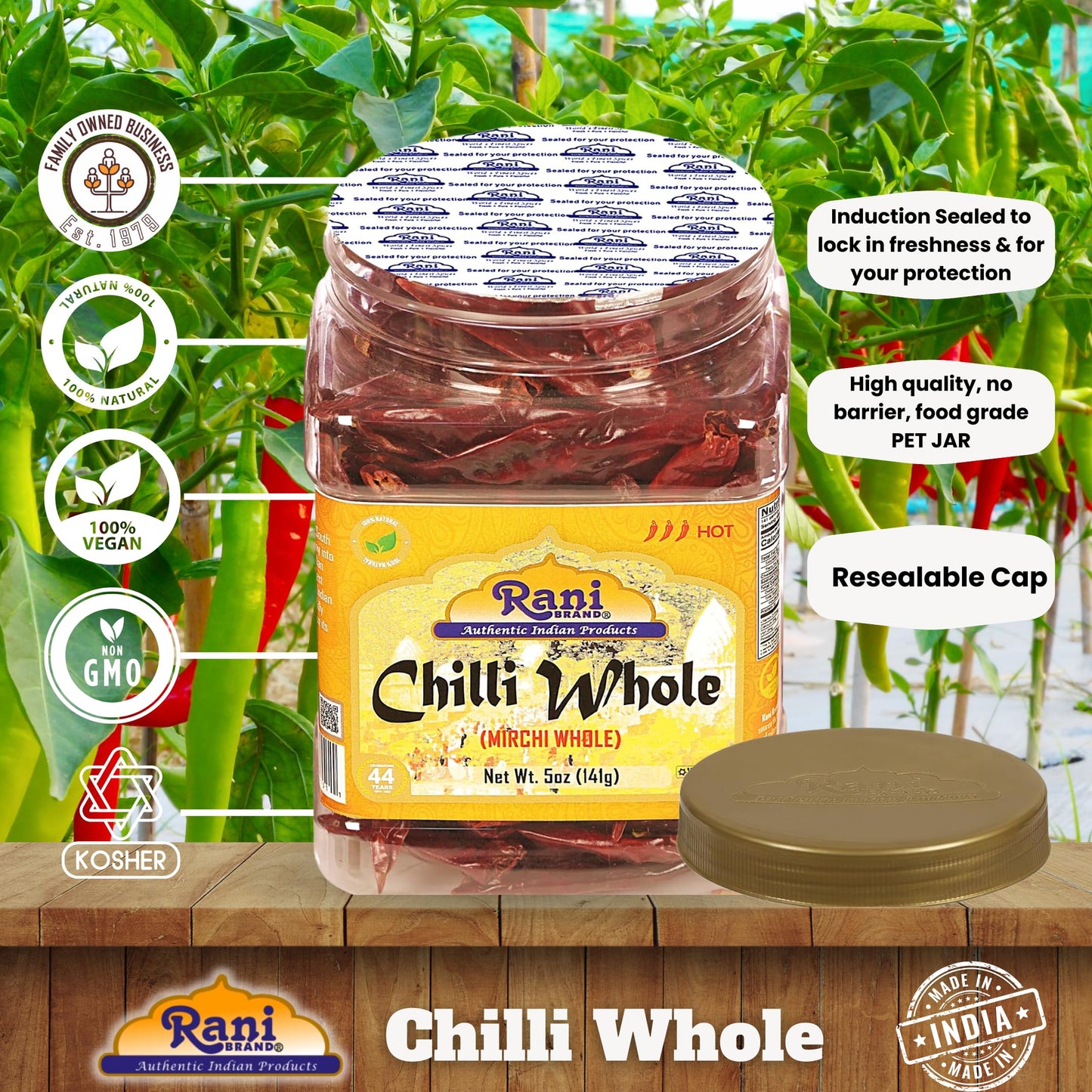 Rani Chilli Whole 5Oz (141G) Pet Jar ~ All Natural, Salt-Free | Vegan | No Colors | Gluten Friendly | Non-Gmo | Kosher | Indian