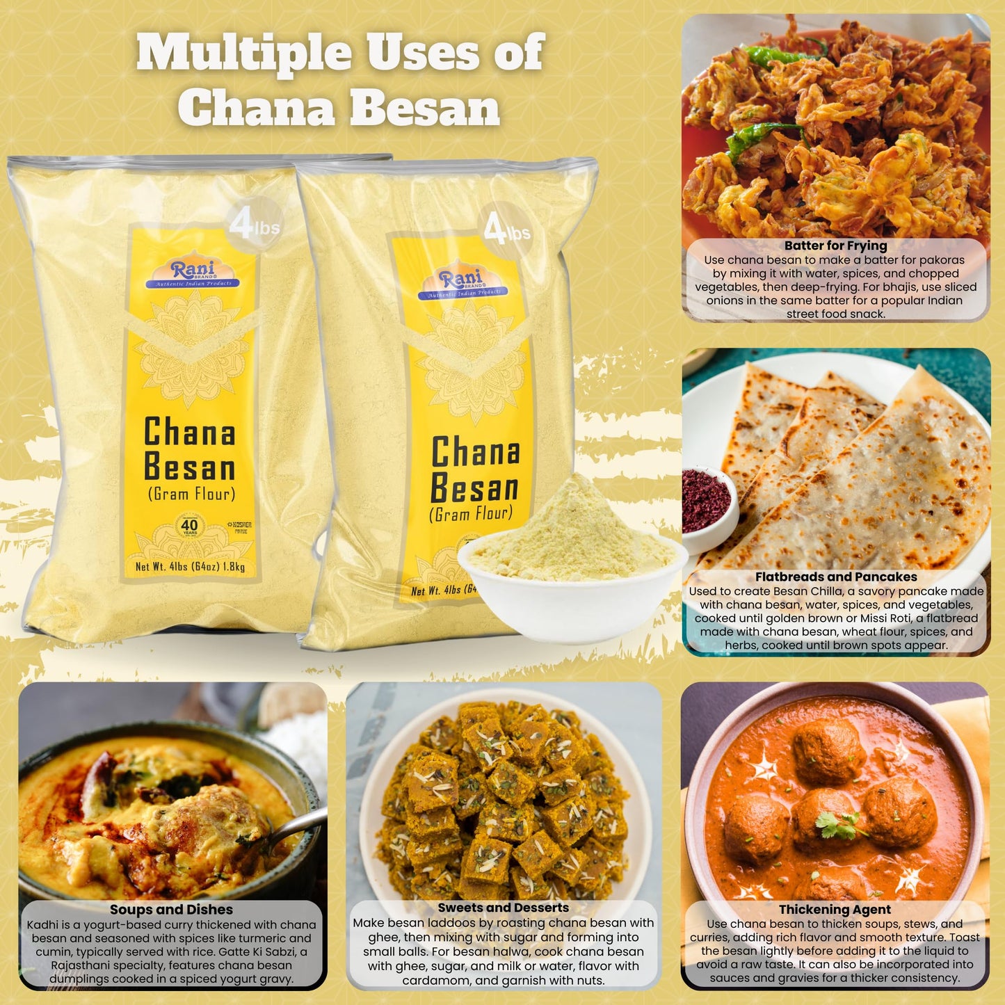 Rani Chana Besan (Chickpeas Flour, Gram) 64Oz (4Lbs) 1.81Kg Bulk ~ All Natural | Vegan | Gluten Friendly | Non-Gmo | Indian Origin