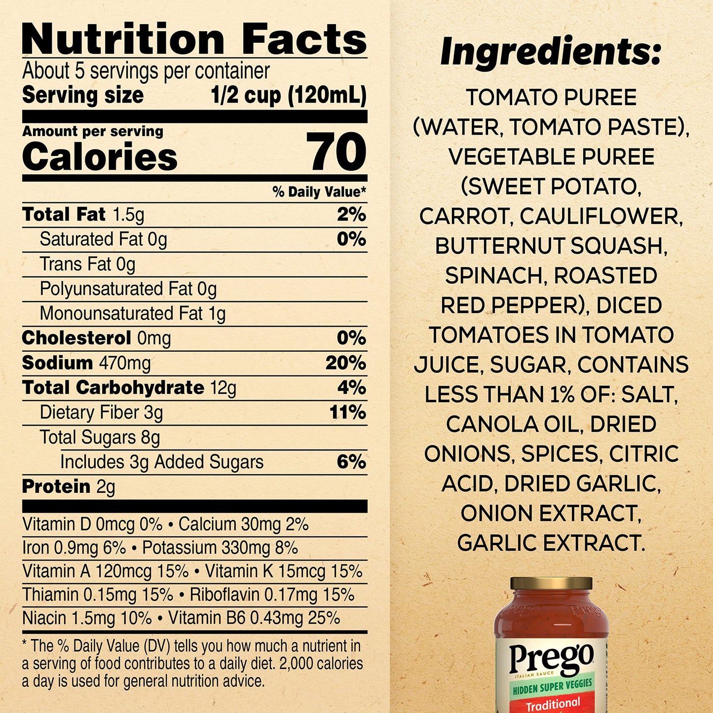 Prego Hidden Super Veggies Traditional Pasta Sauce, Plant Based Sauce, 24 Oz Jar
