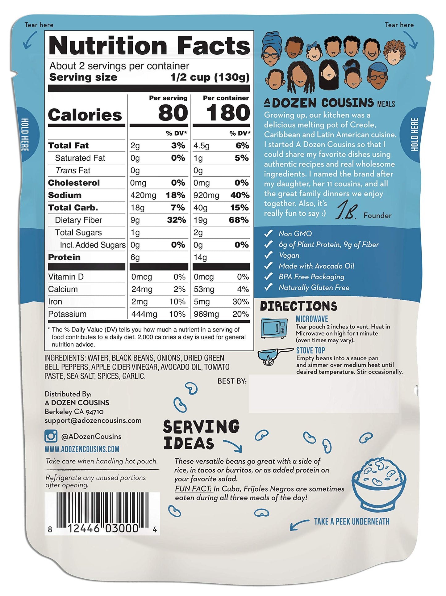 A Dozen Cousins Meals Black Beans Ready To Eat, Vegan And Non-Gmo Seasoned Beans Made With Avocado Oil (Cuban Black Beans, 12-Pa
