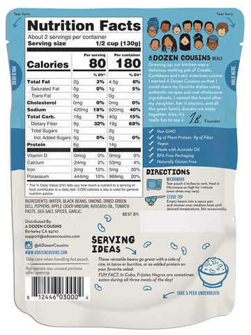 A Dozen Cousins Meals Black Beans Ready To Eat, Vegan And Non-Gmo Seasoned Beans Made With Avocado Oil (Cuban Black Beans, 12-Pa