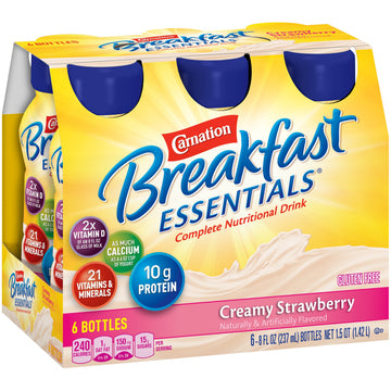 Carnation Breakfast Essentials Ready To Drink Nutritional Breakfast Drink, Creamy Strawberry, 6 - 8 Fl Oz Bottles