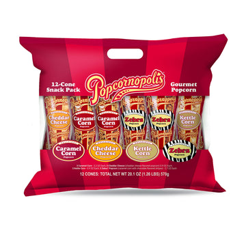 Popcornopolis Gourmet Popcorn Cone (12 PK) Assorted Flavors - Zebra, Cheddar Cheese, Caramel & Kettle Corn Popcorn, Great for Gi
