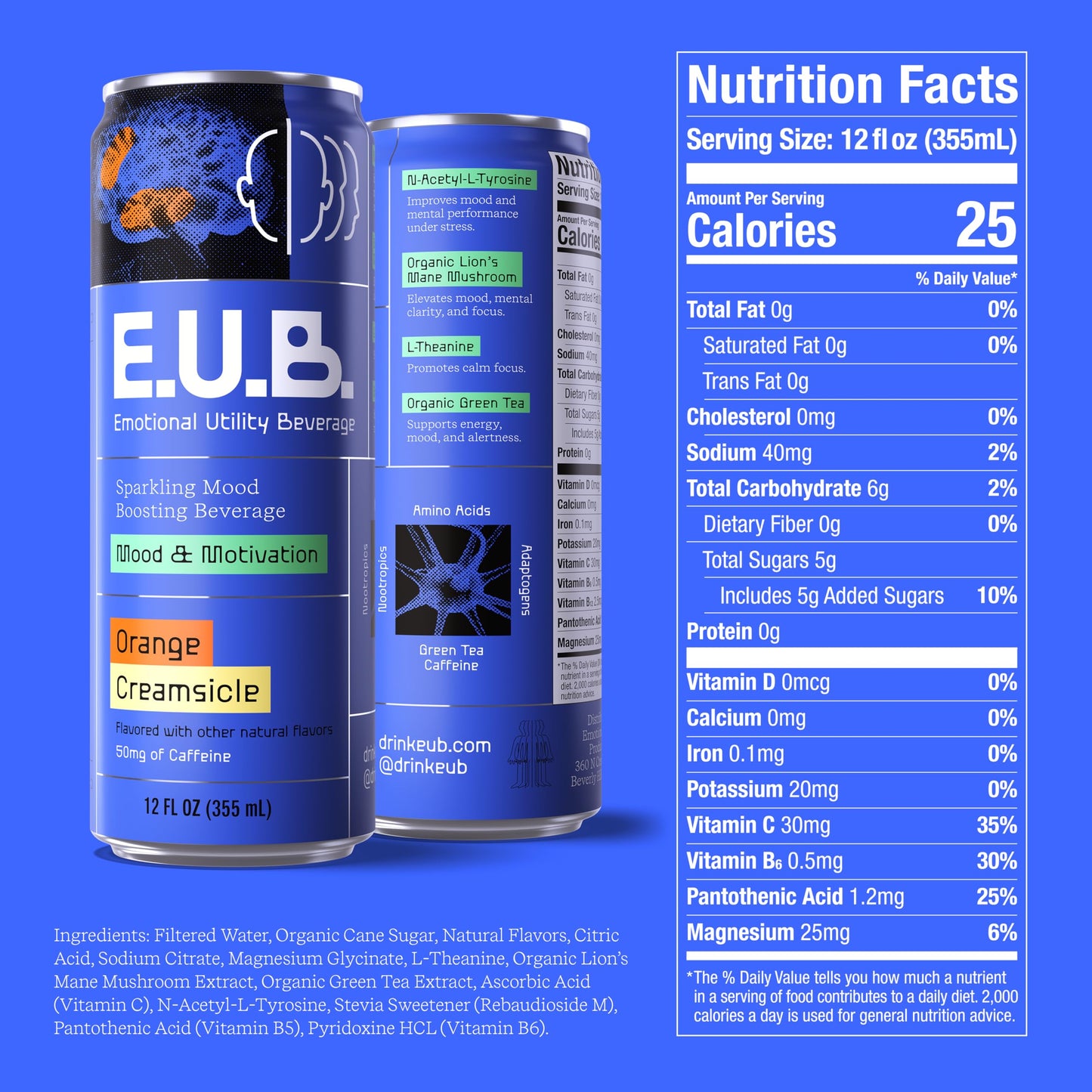 E.U.B. Mood and Motivation Beverage - Orange Creamsicle Sparkling Beverage with Nootropics & Adaptogens, 12oz cans (12 pack)