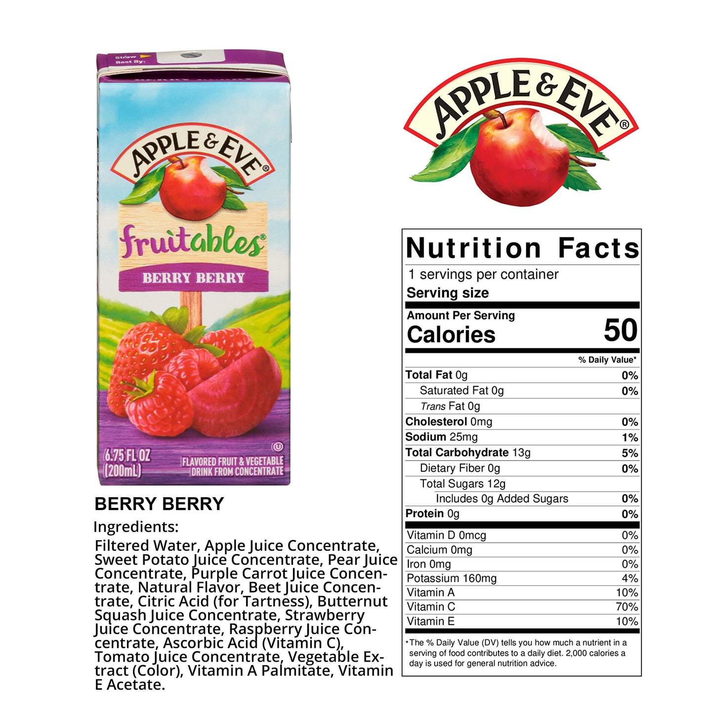 Apple & Eve Fruitables Fruit And Vegetable, Berry ,6.75 Fl Oz (8 Count)