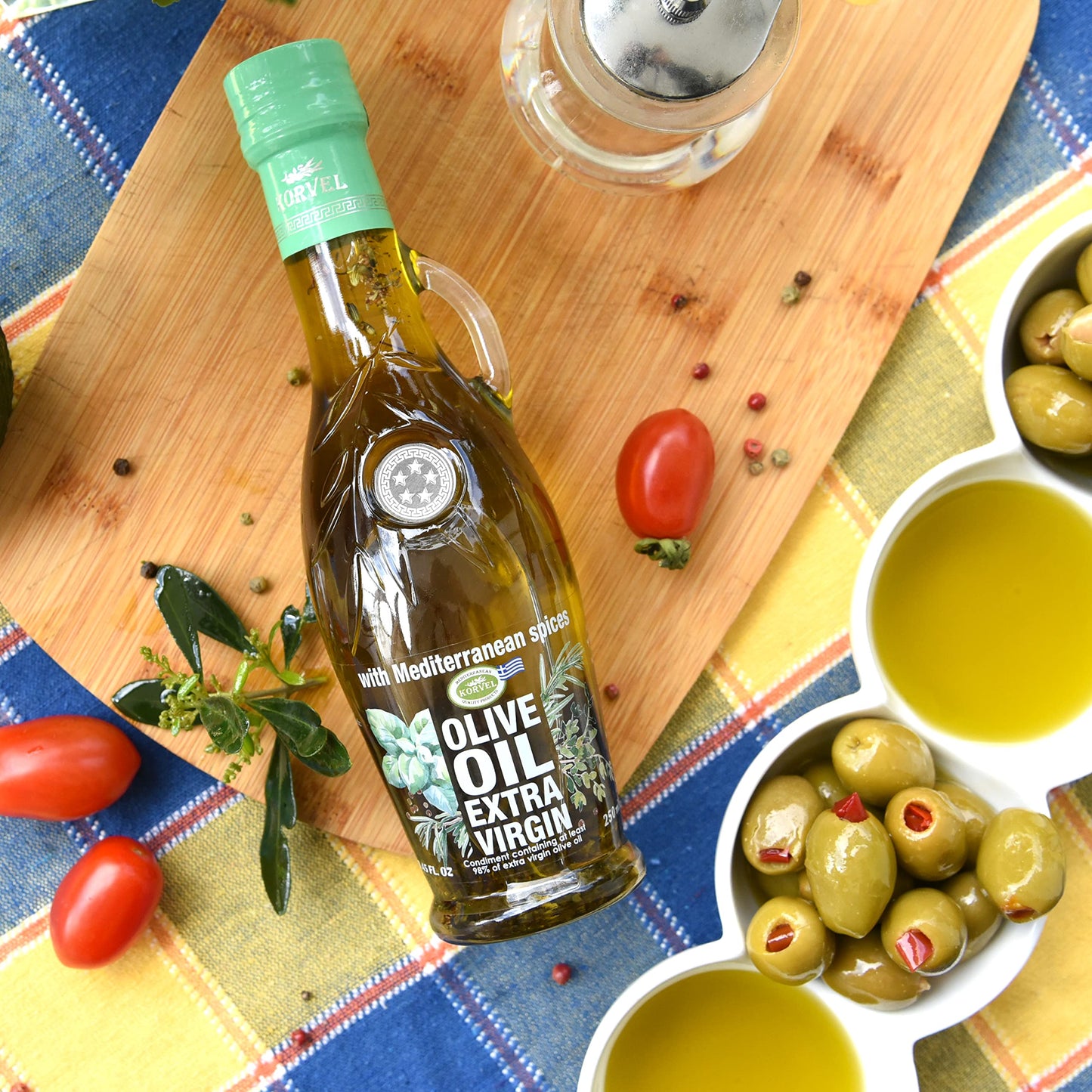 KORVEL Extra Virgin Olive Oil with Mediterranean Herbs, 250 ml, Glass Bottle