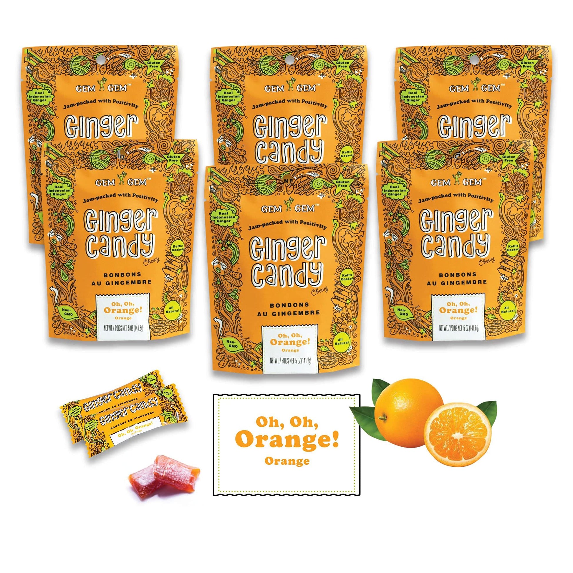 Gem Gem Ginger Candy Chewy Ginger Chews (Orange, 5.0Oz, Pack Of 6)