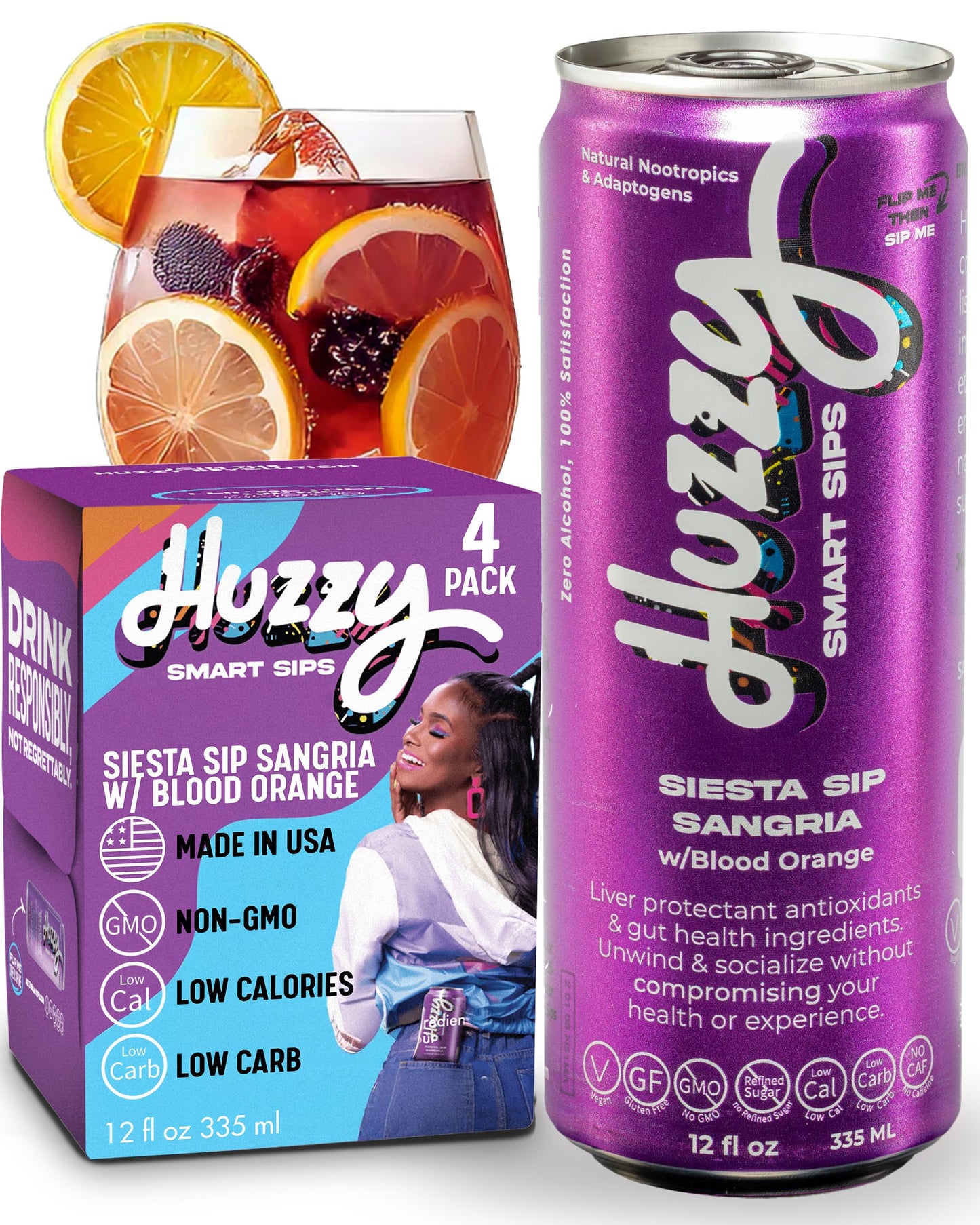 Huzzy Smart Sips Non-Alcoholic Sangria Inspired Beverage - Low Calorie, Low Carb, 4 Pack