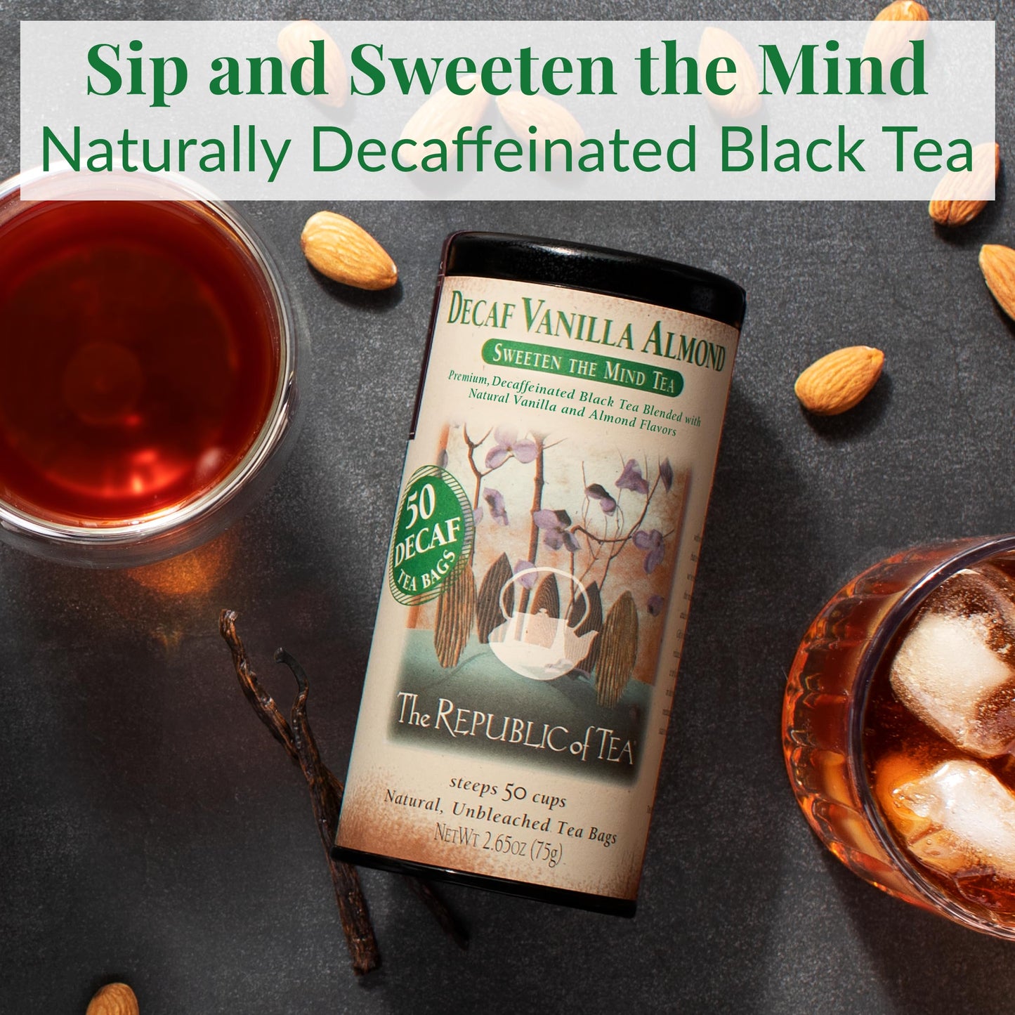 The Republic of Tea Decaf Vanilla Almond Black Tea - 50 Tea Bag Tin