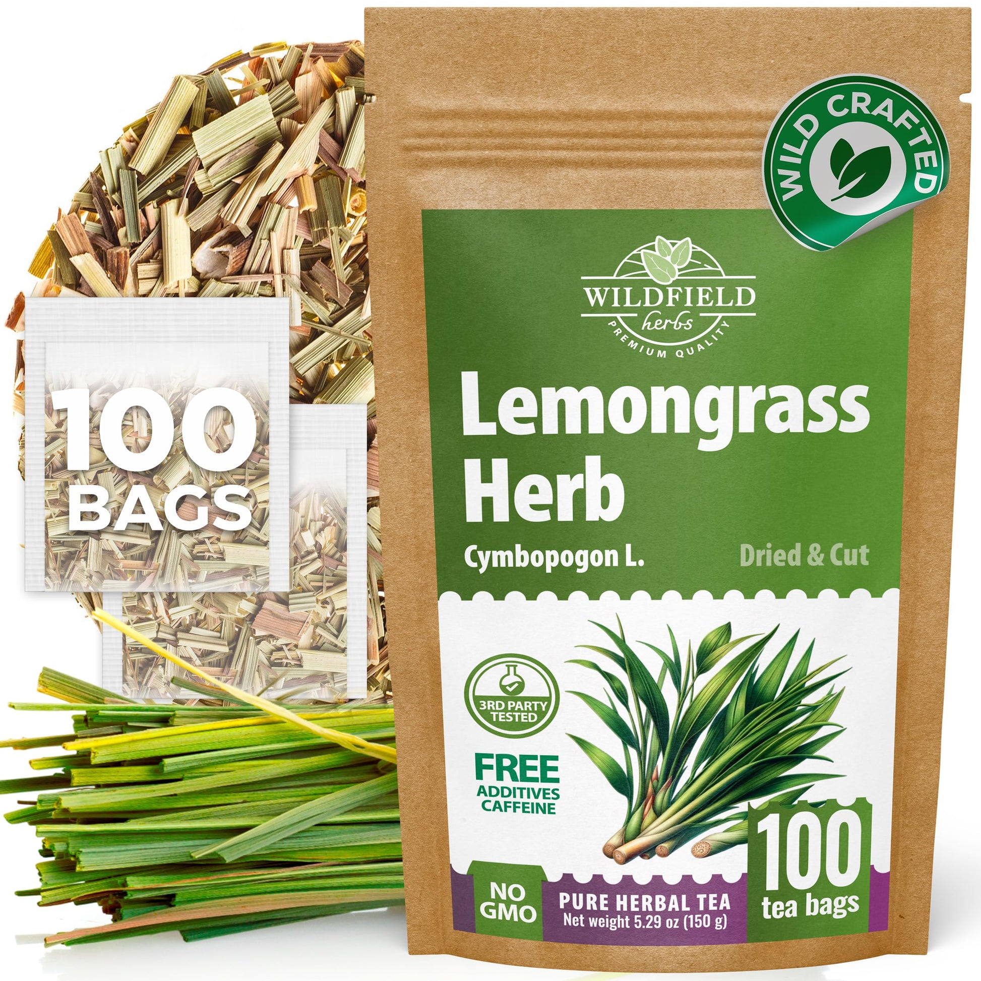 100 Bags Dried Lemongrass Tea Lemon Grass Leaf Herbal Tea Zacate De Limon (Cymbopogon) - 100 Count 1.5G Bags Lemongrass Chai Herb Limoncillo (Hierba Limon)