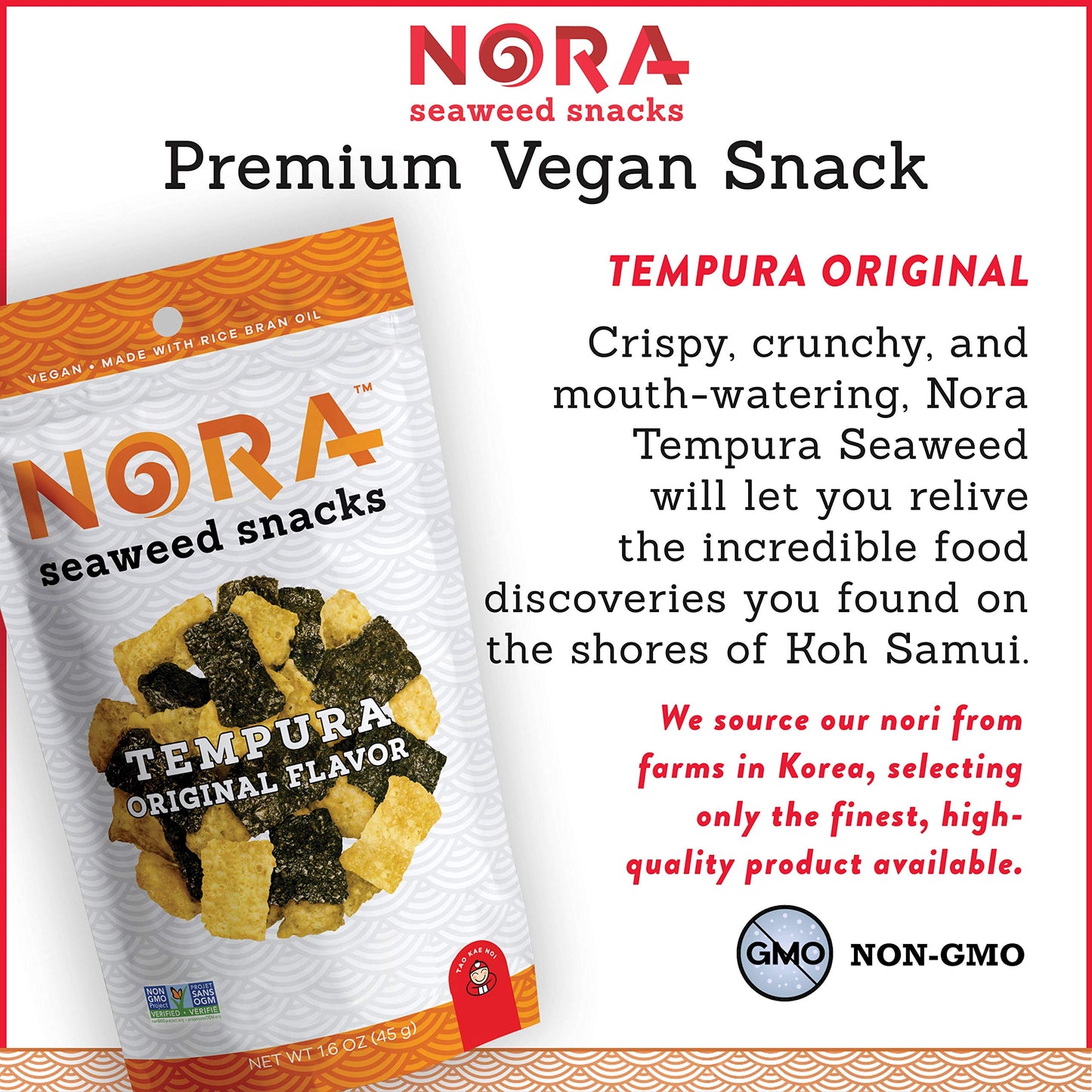 Original Tempura Seaweed Snacks by Nora, Thick Nori Sheets Snack Strips, Low-Carb Healthy Snacks for Adults, Asian Snacks, Vegan
