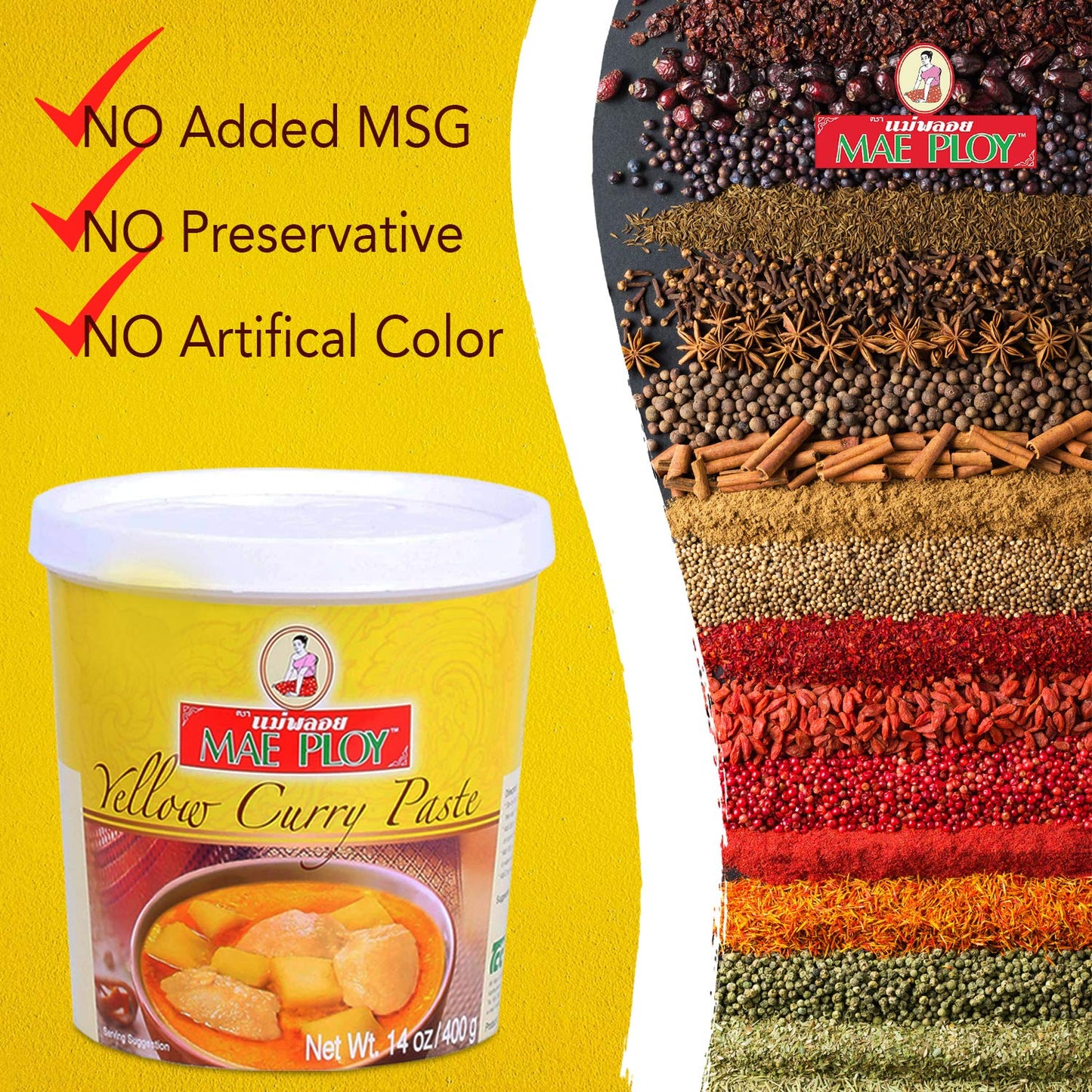 Mae Ploy Thai Yellow Curry Paste For Restaurant-Quality Curries, Aromatic Blend Of Herbs, Spices & Shrimp Paste, No Msg, Preservatives Or Artificial Coloring (14Oz Tub)