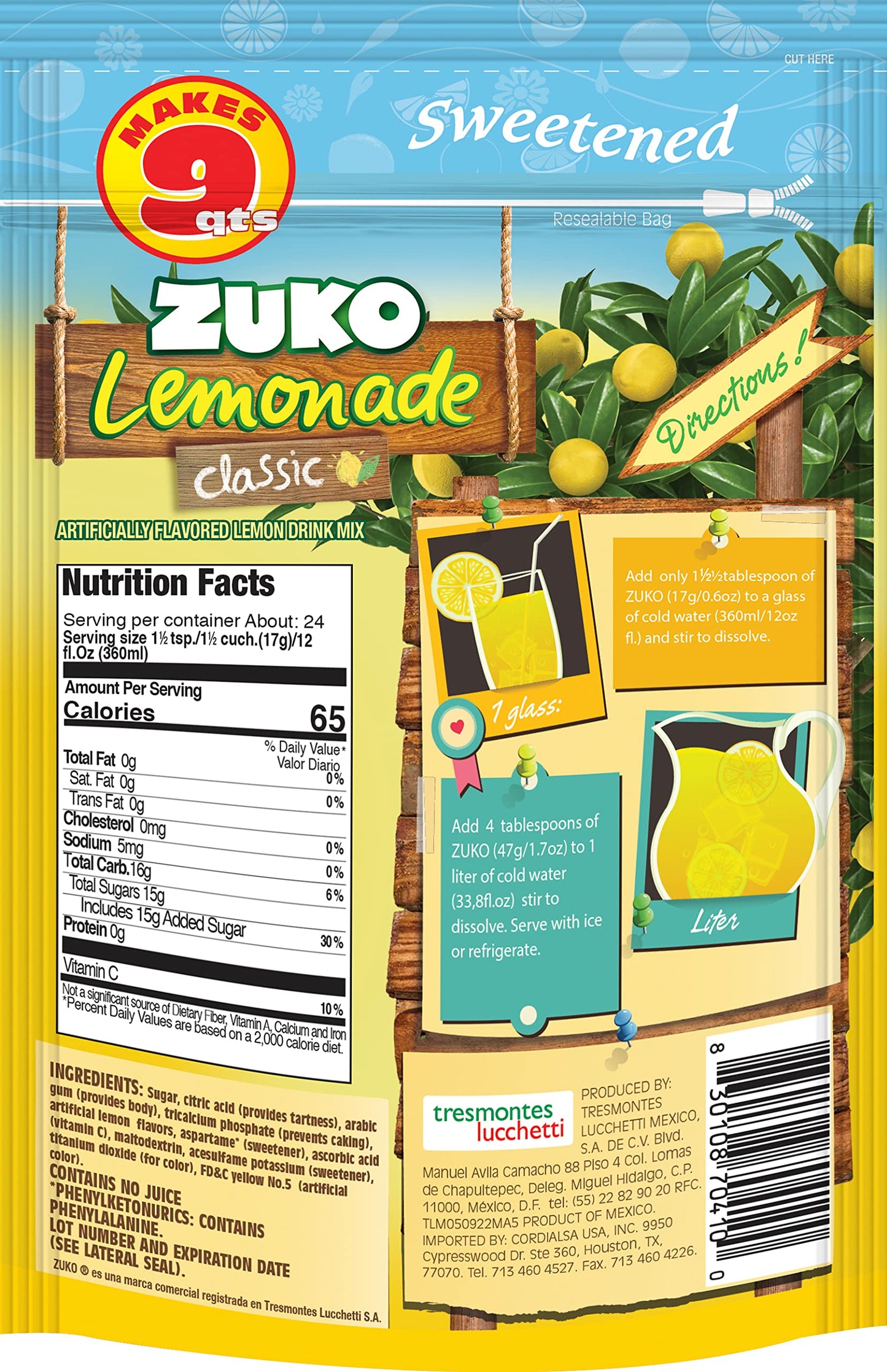 ZUKO Classic Lemonade Instant Powder Drink, Family Pack 14.01 Oz, No Sugar Needed, Vitamin C (Pack of 6)