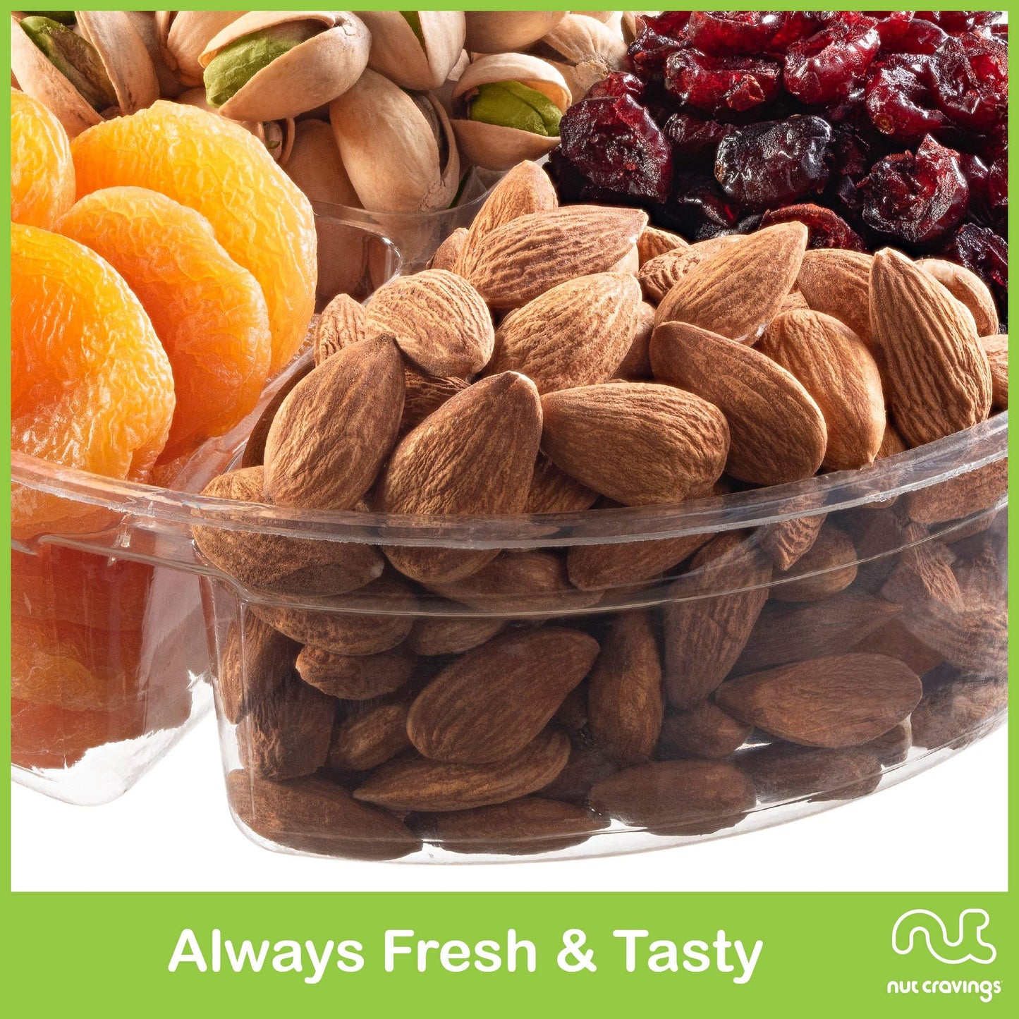 NUT CRAVINGS Gourmet Collection - Rosh Hashana & Shana Tova Dried Fruit & Mixed Nuts Gift Basket + Green Ribbon (4 Assortments)