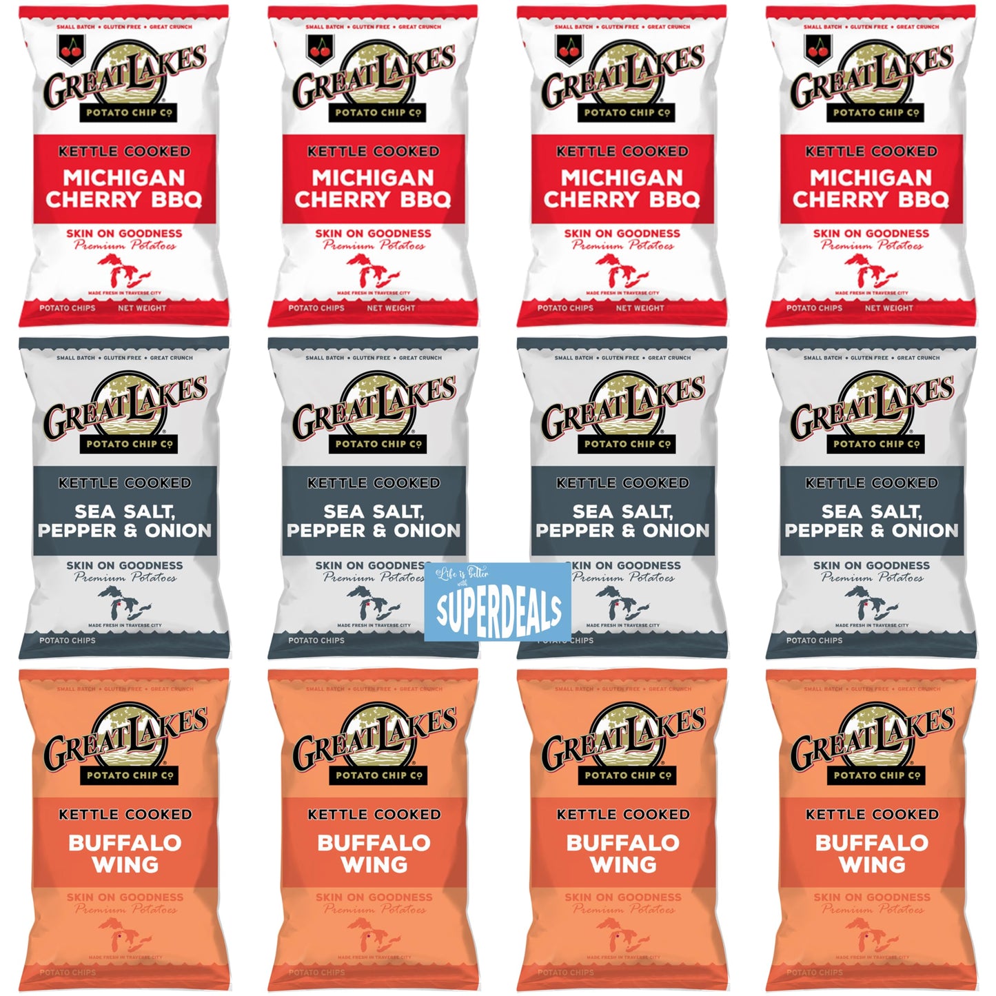 Great Lakes Bold & Zesty Flavor Trio: The Ultimate Snack Adventure by SUPERDEALS | 1.375 Oz Bag | 4 Michigan Cherry BBQ | 4 Sea 